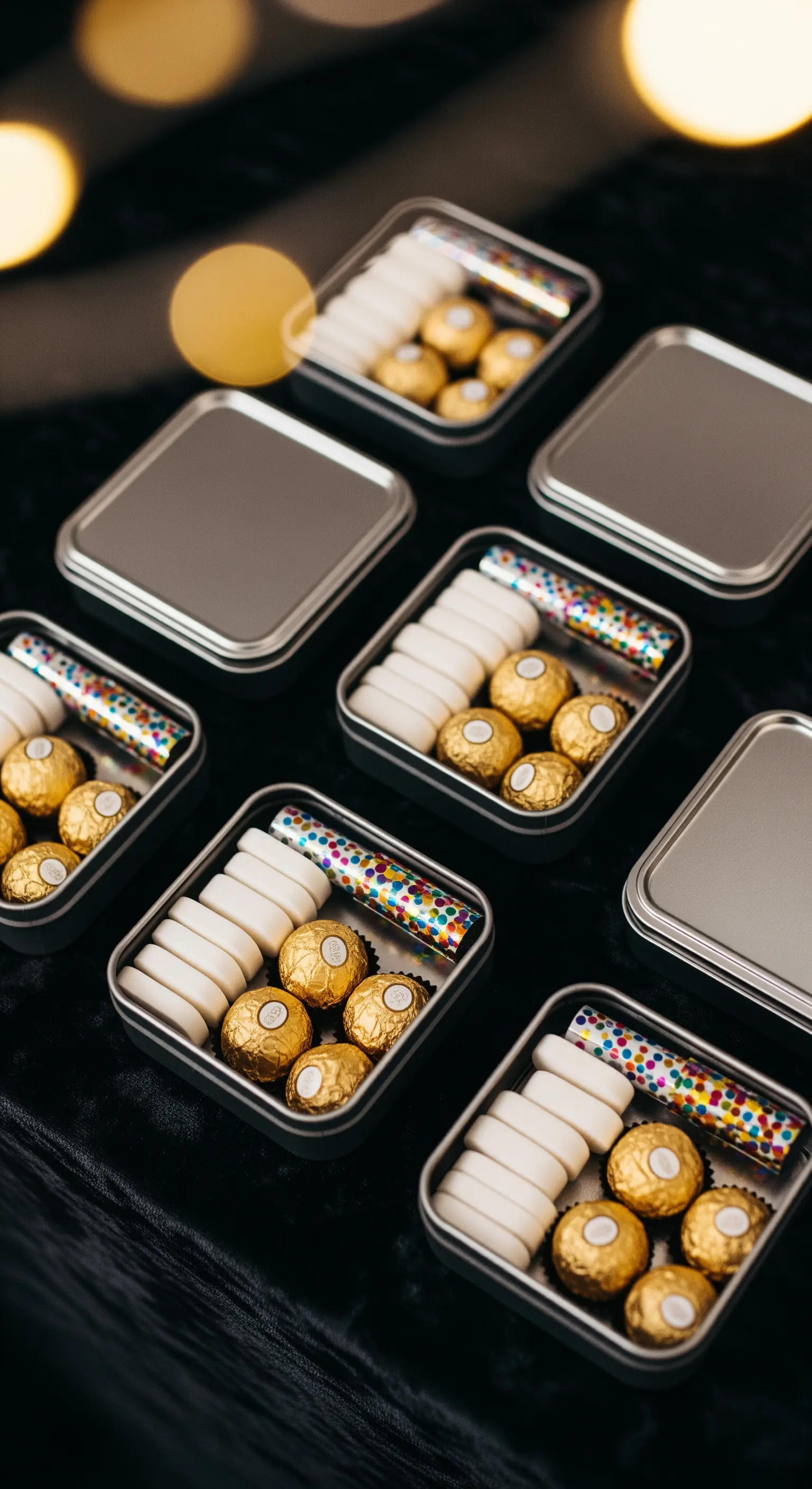 Offene Metalldosen mit Pralinen, Bonbons und kleinen Knallbonbons auf dunklem Samt, umgeben von warmen Lichtern.
