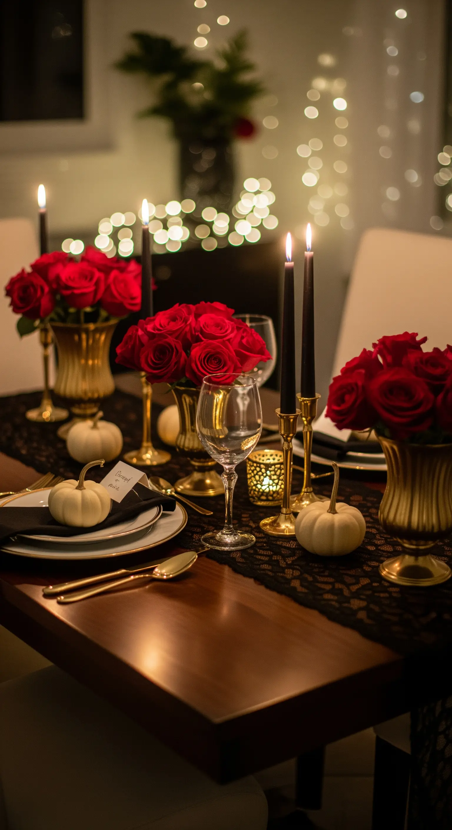 Elegante Halloween-Tischdeko mit roten Rosen, schwarzen Kerzen, goldenem Besteck und weißen Kürbissen.