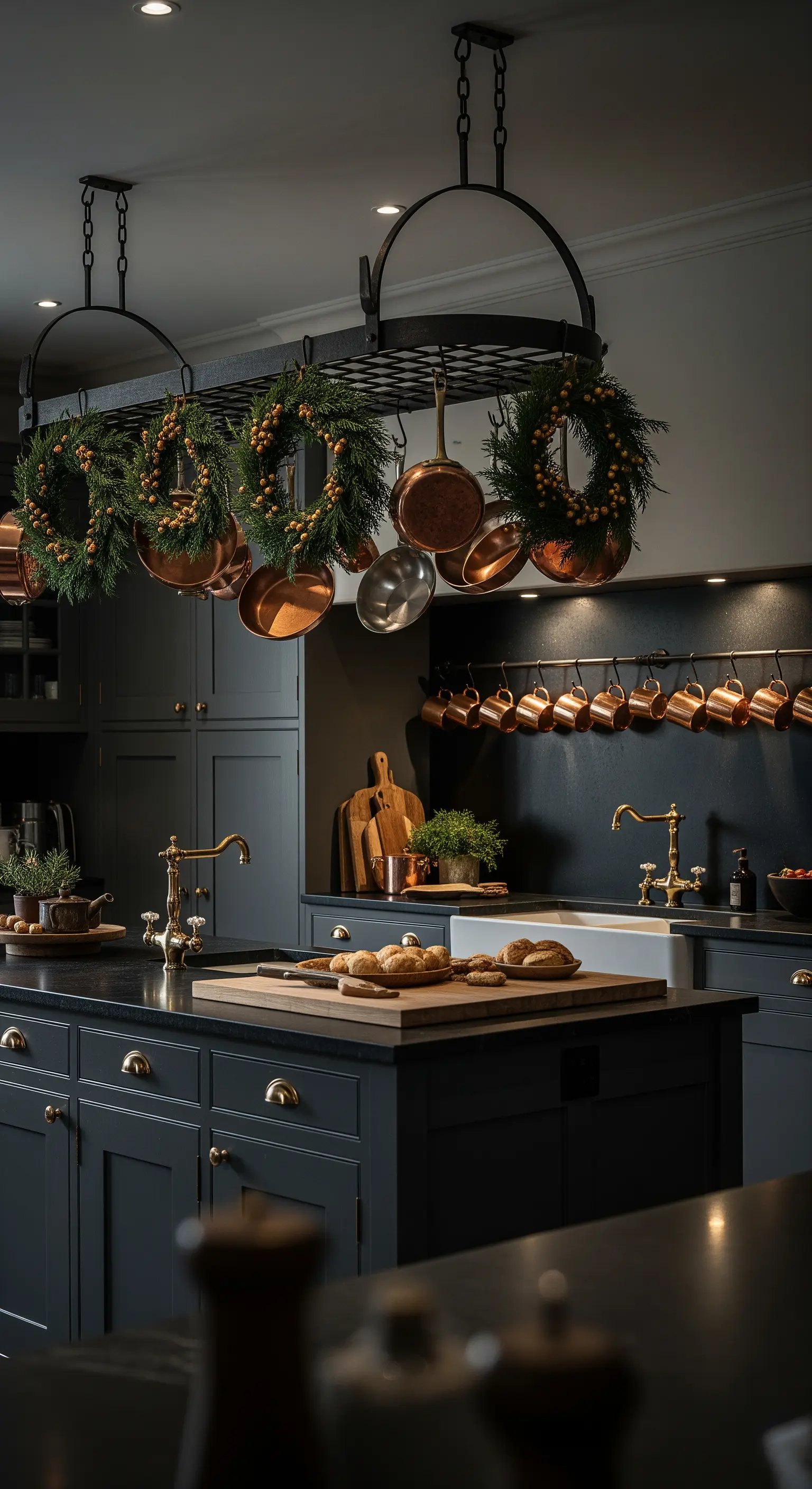 Dunkle Küche mit Topfregal, an dem grüne Kränze und Kupfertöpfe hängen