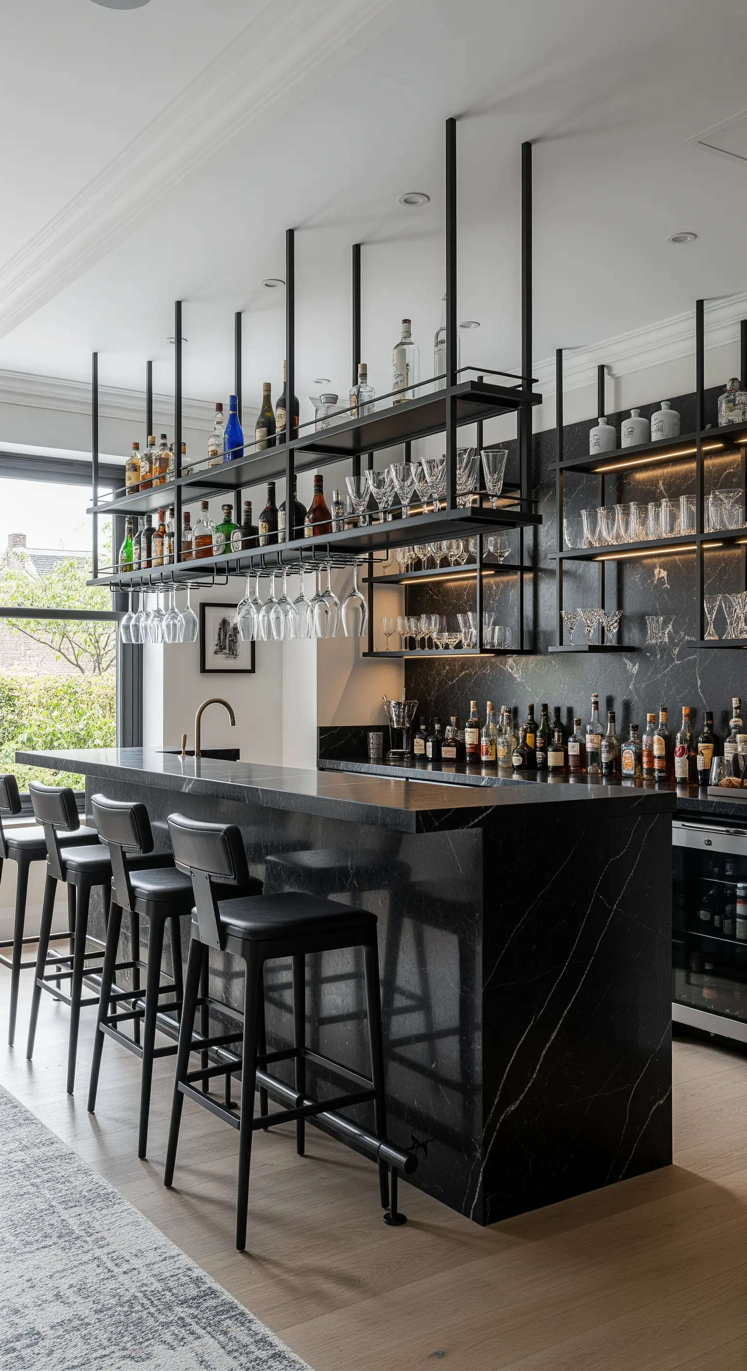 Luxuriöse Hausbar mit schwarzer Marmorinsel, Metallregalen und indirekter Beleuchtung