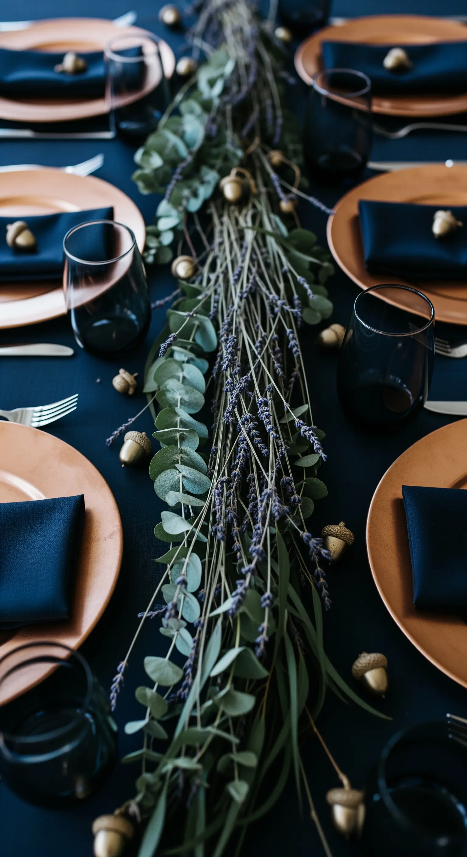 Marineblaue Tischdecke, Eukalyptus-Lavendel-Läufer, Kupfer-Teller, goldene Eicheln für elegante Herbst-Deko.