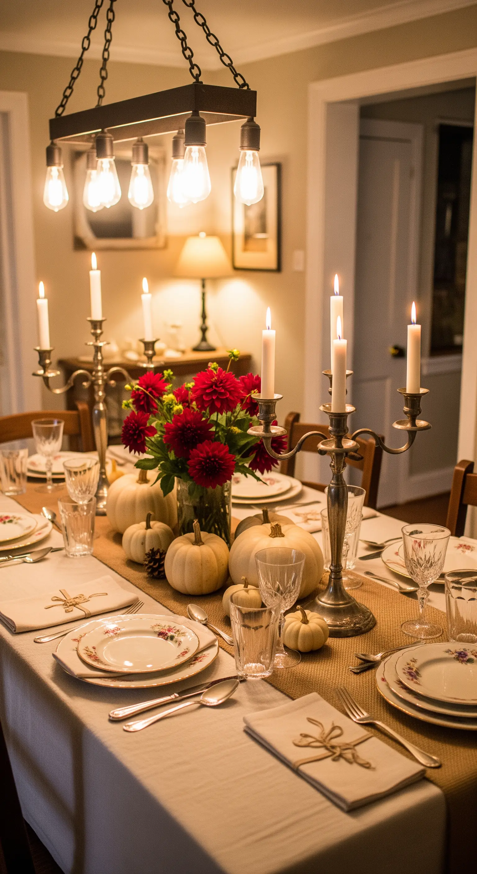 Herbstliche Festtafel mit weißen Kürbissen, roten Blumen, Kerzenleuchtern und Jute-Läufer.