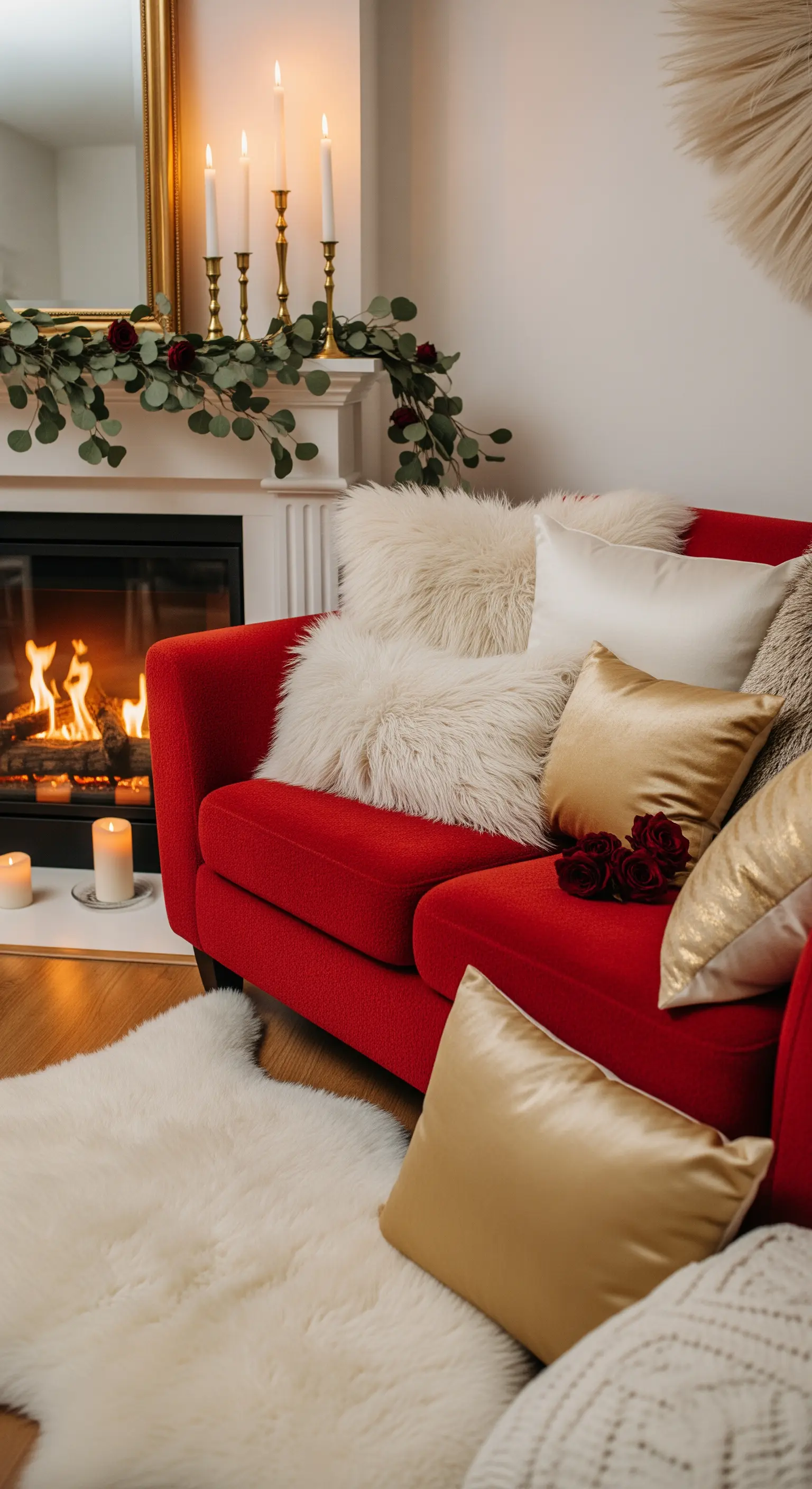 Rotes Sofa vor einem Kamin mit Kunstfell- und Goldkissen, Kerzen und Eukalyptus.