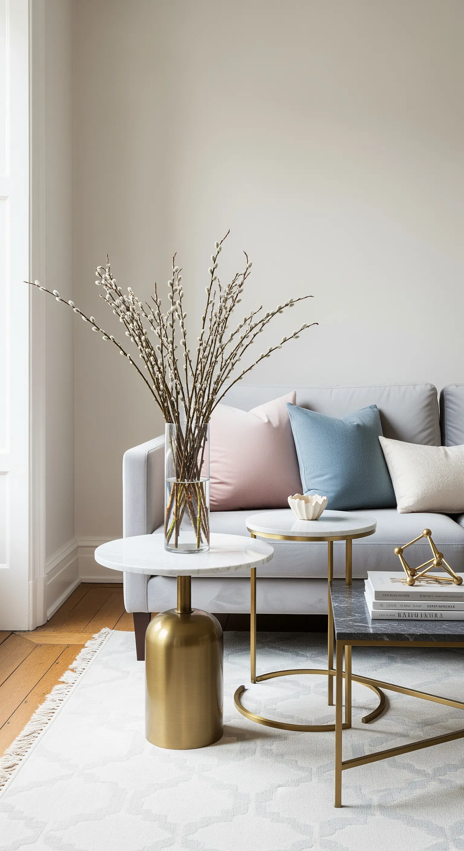 Graues Sofa, Marmor-Beistelltische, Kätzchenweidenzweige in goldener Vase
