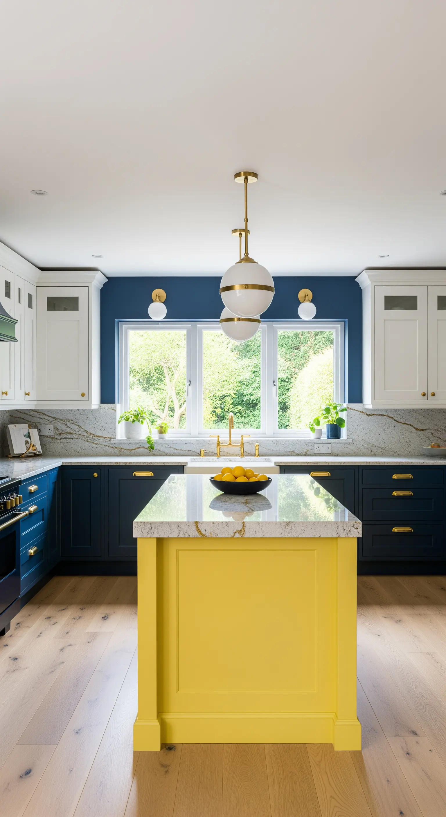 Marineblaue Küche mit gelber Insel, Marmor und goldenen Akzenten.