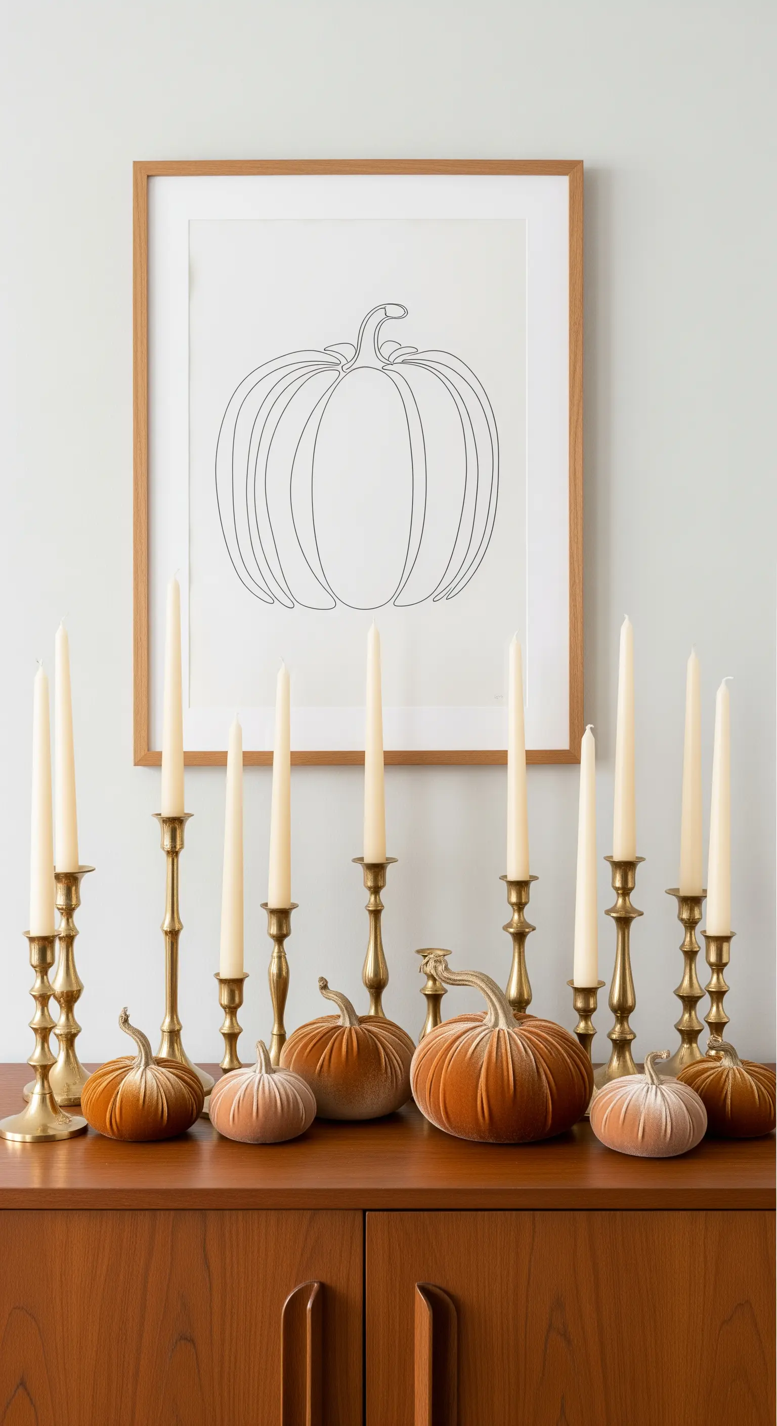 Kommode mit Messing-Kerzenleuchtern, Elfenbein-Kerzen und orange-beigen Samtkürbissen.