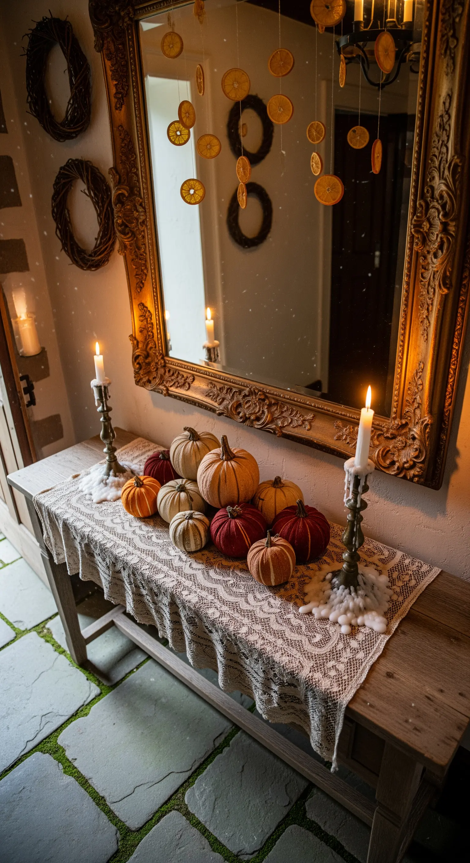 Vintage Eingangstisch mit Spitzendeckchen, Samtkürbissen, getrockneten Orangengirlanden.