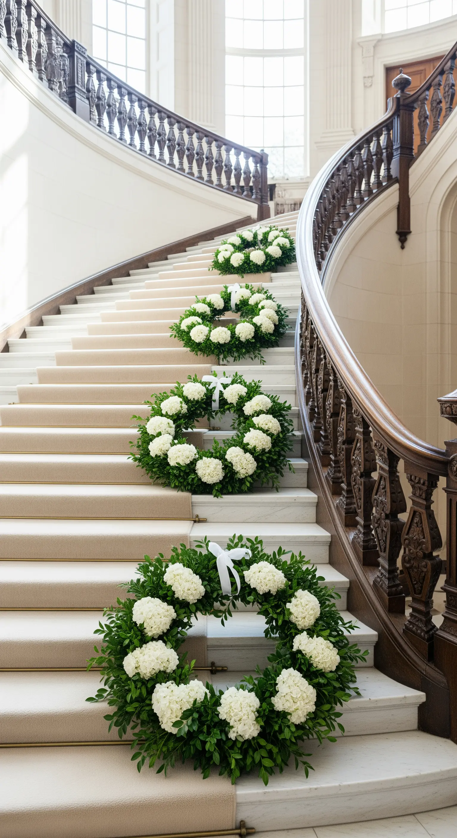 Weiße Blumenkränze auf einer großen Treppe