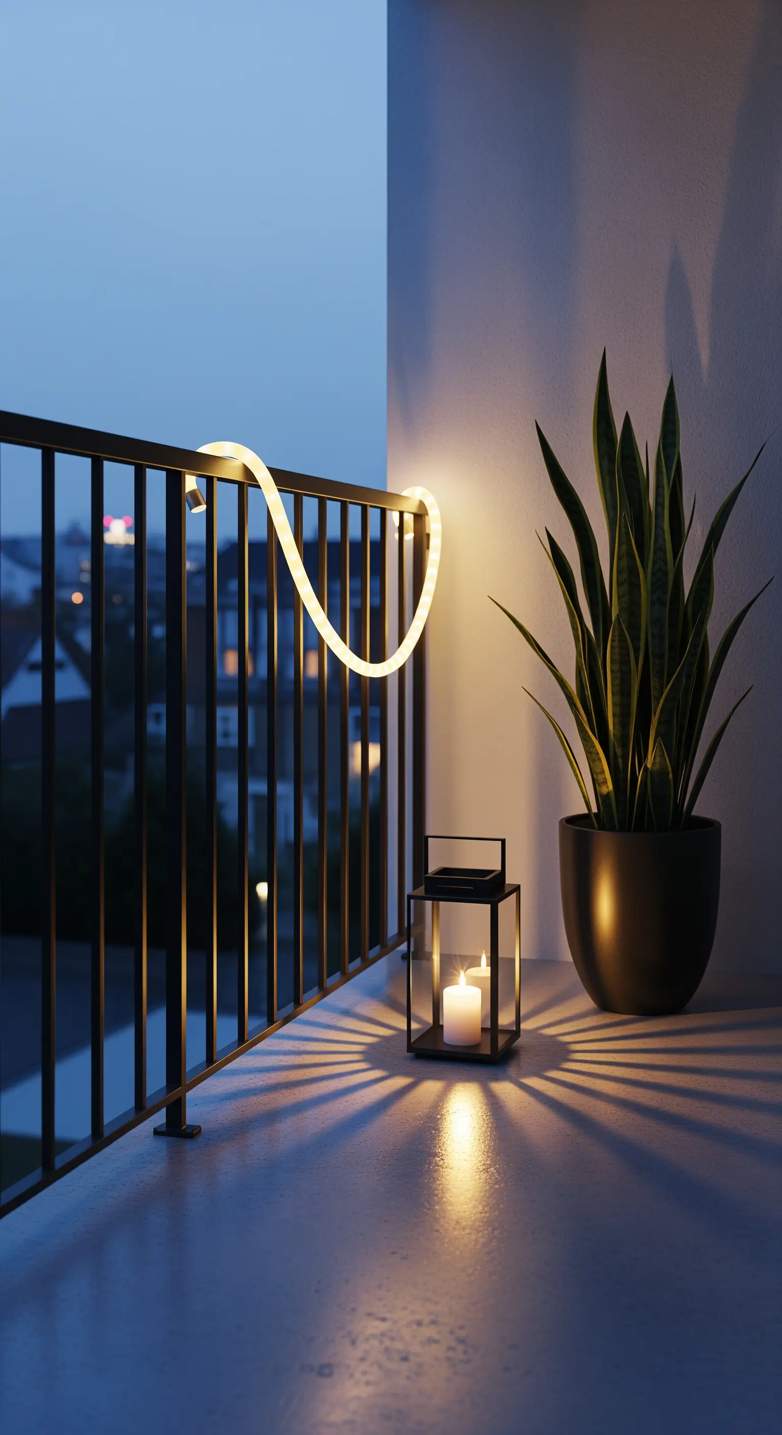 Balkon mit geschwungener LED-Lichtleiste am Geländer, Laterne und Topfpflanze