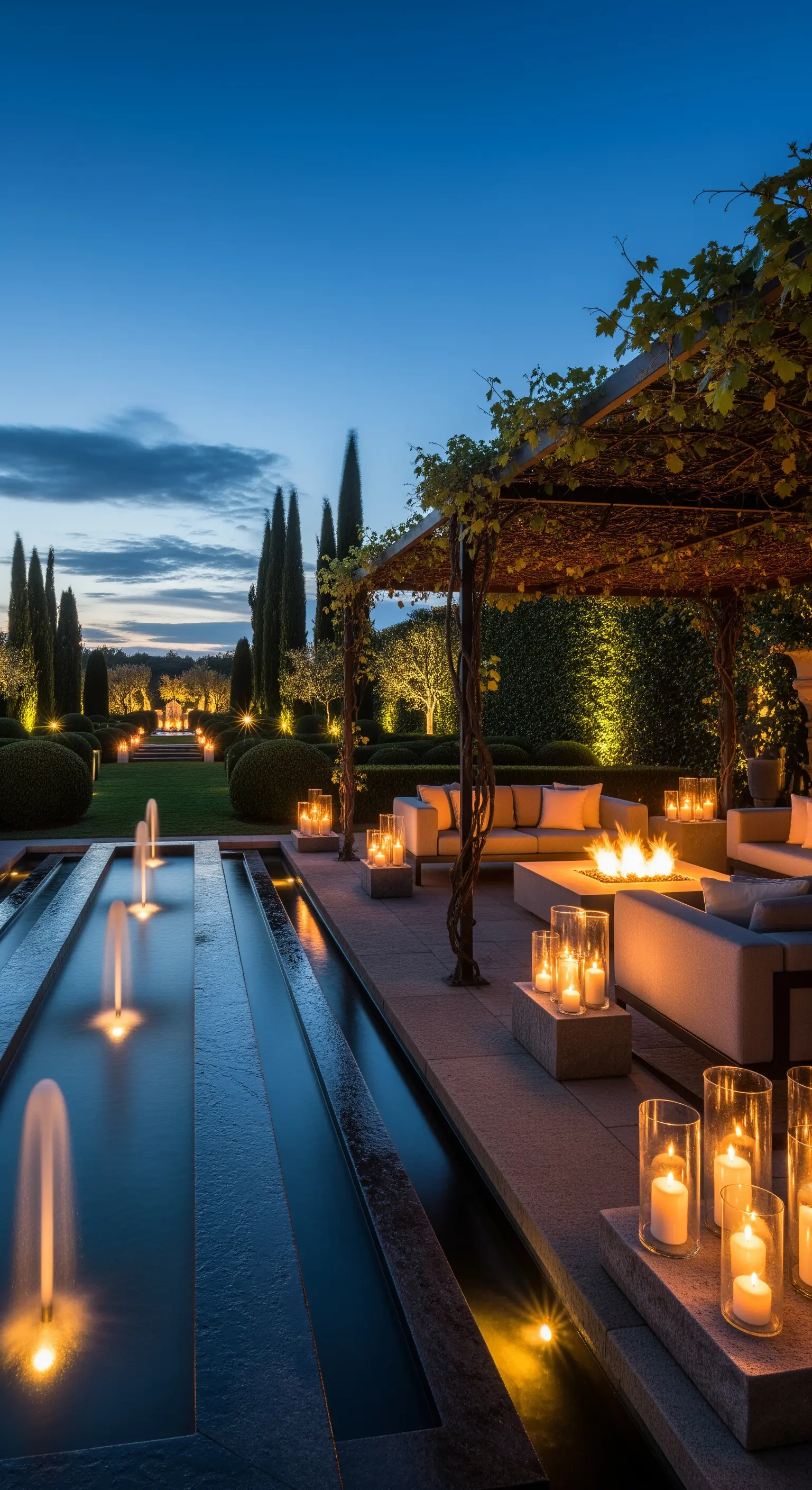 Outdoor-Lounge mit Feuerschale, linearem Wasserspiel, Pergola und Kerzen