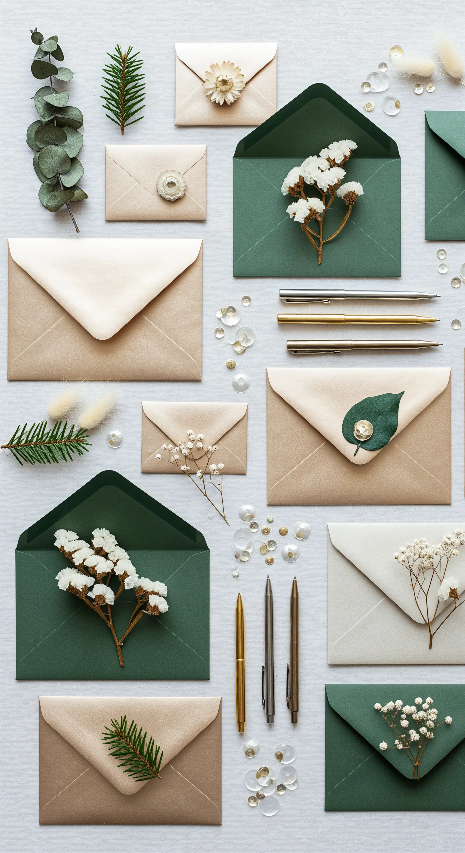 Neujahrsumschläge in Grün und Beige, verziert mit getrockneten Blumen und Nadelzweigen, begleitet von goldenen Stiften.