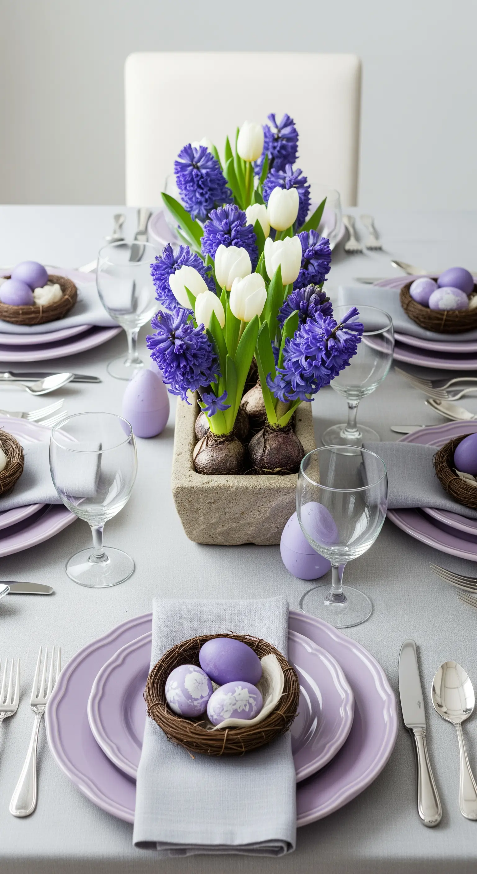 Esstisch mit lilafarbenen Tellern, Hyazinthen, Tulpen und Ostereiern in Nestern.