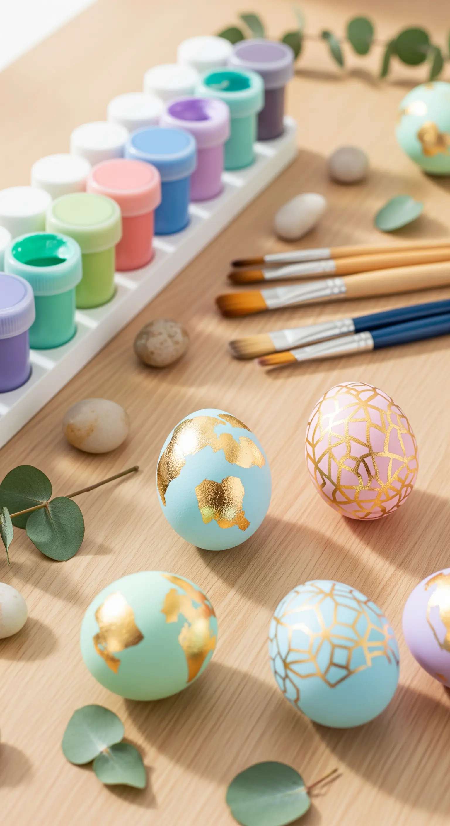 Pastell-Ostereier mit Goldblatt und geometrischen Mustern, Bastelmaterial