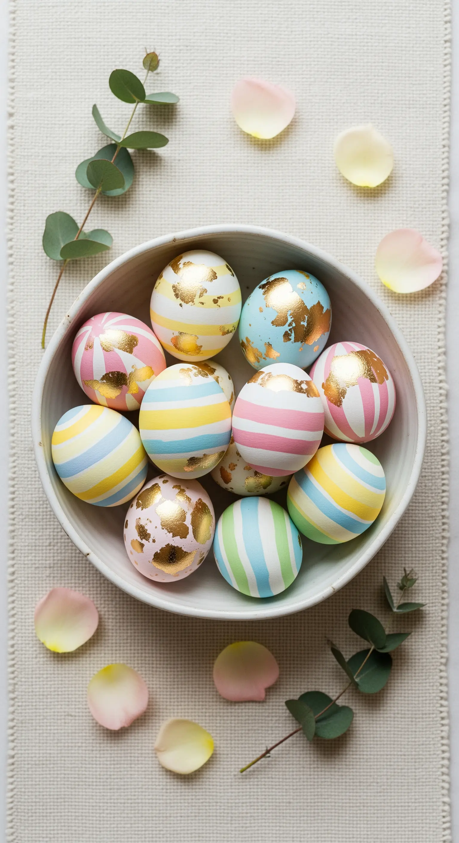 Elegante Ostereier in Pastellfarben mit Goldakzenten in weißer Schale