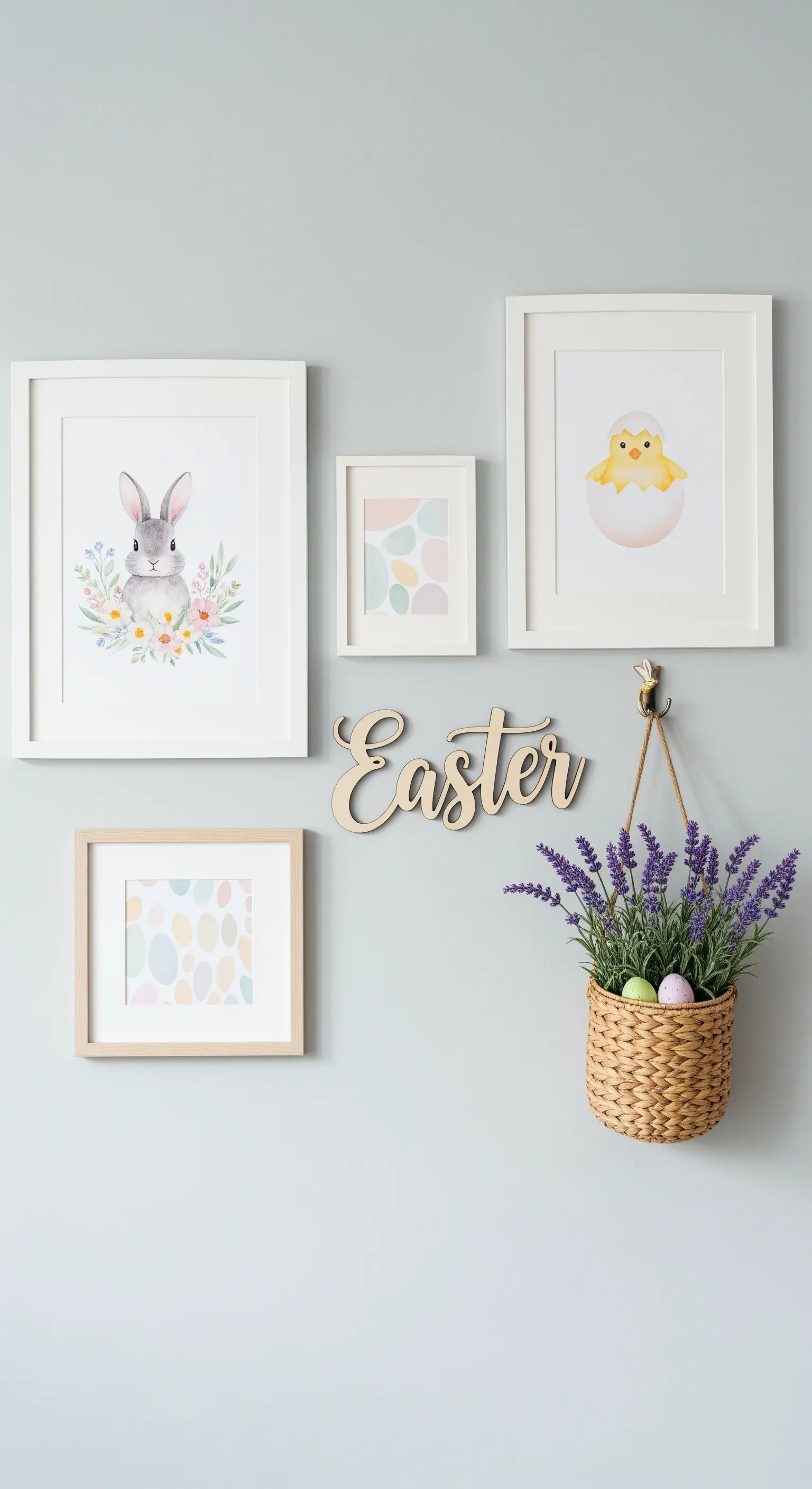 Oster-Bildergalerie mit Hasen, Küken, Schriftzug und Lavendelkorb.