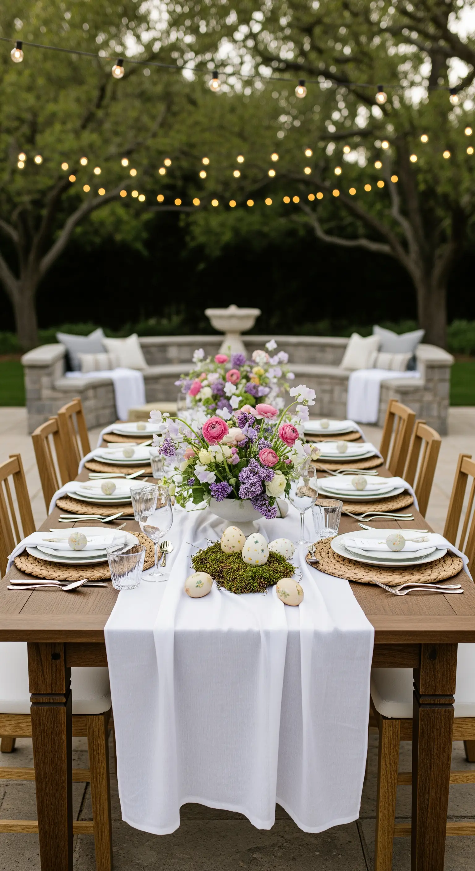 Elegant gedeckter Gartentisch für Ostern mit Blumen-Centerpiece und Moos-Nest.
