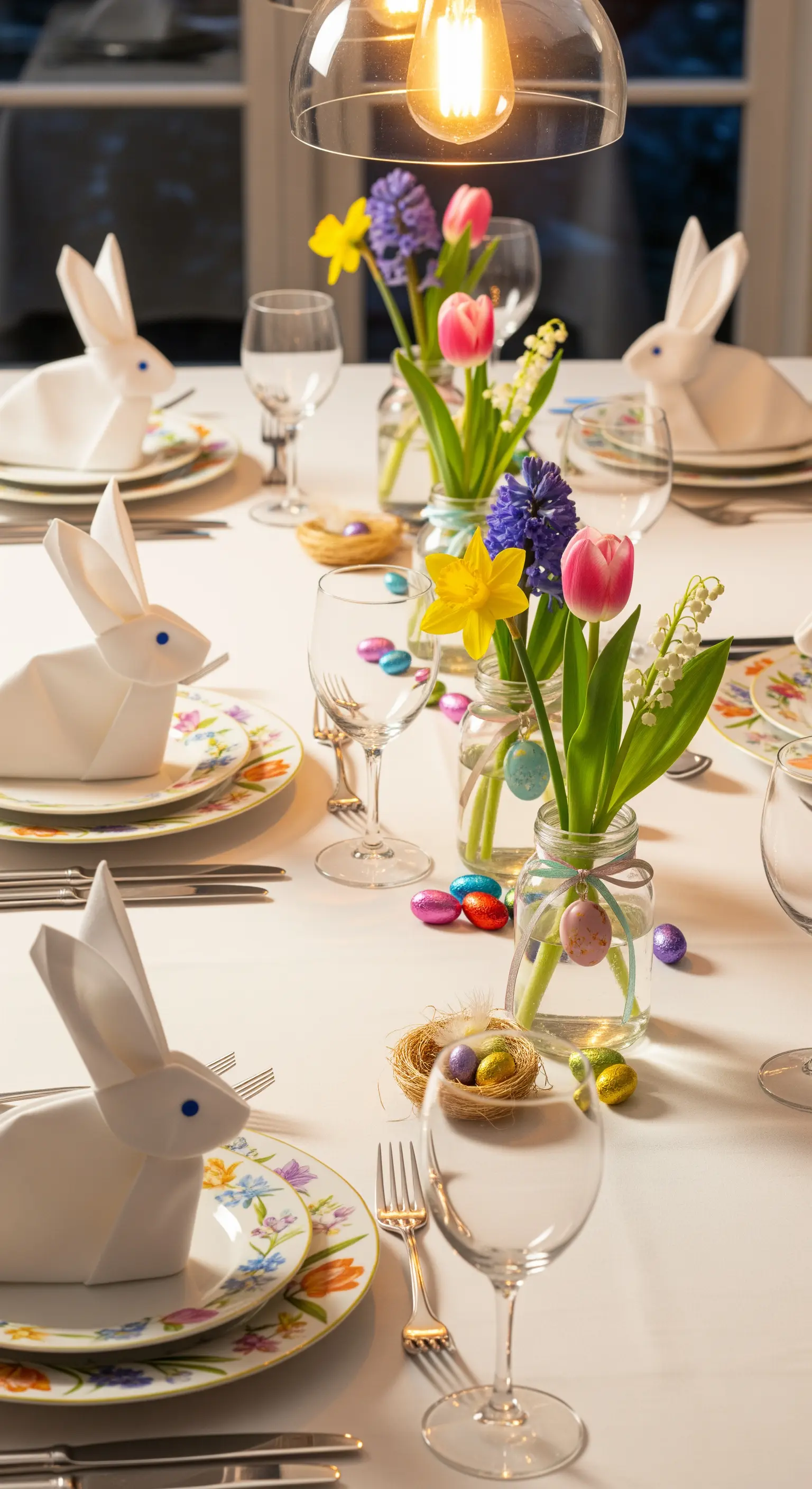 Weiß gedeckter Tisch mit Origami-Hasen, kleinen Blumenvasen und Osterdetails.