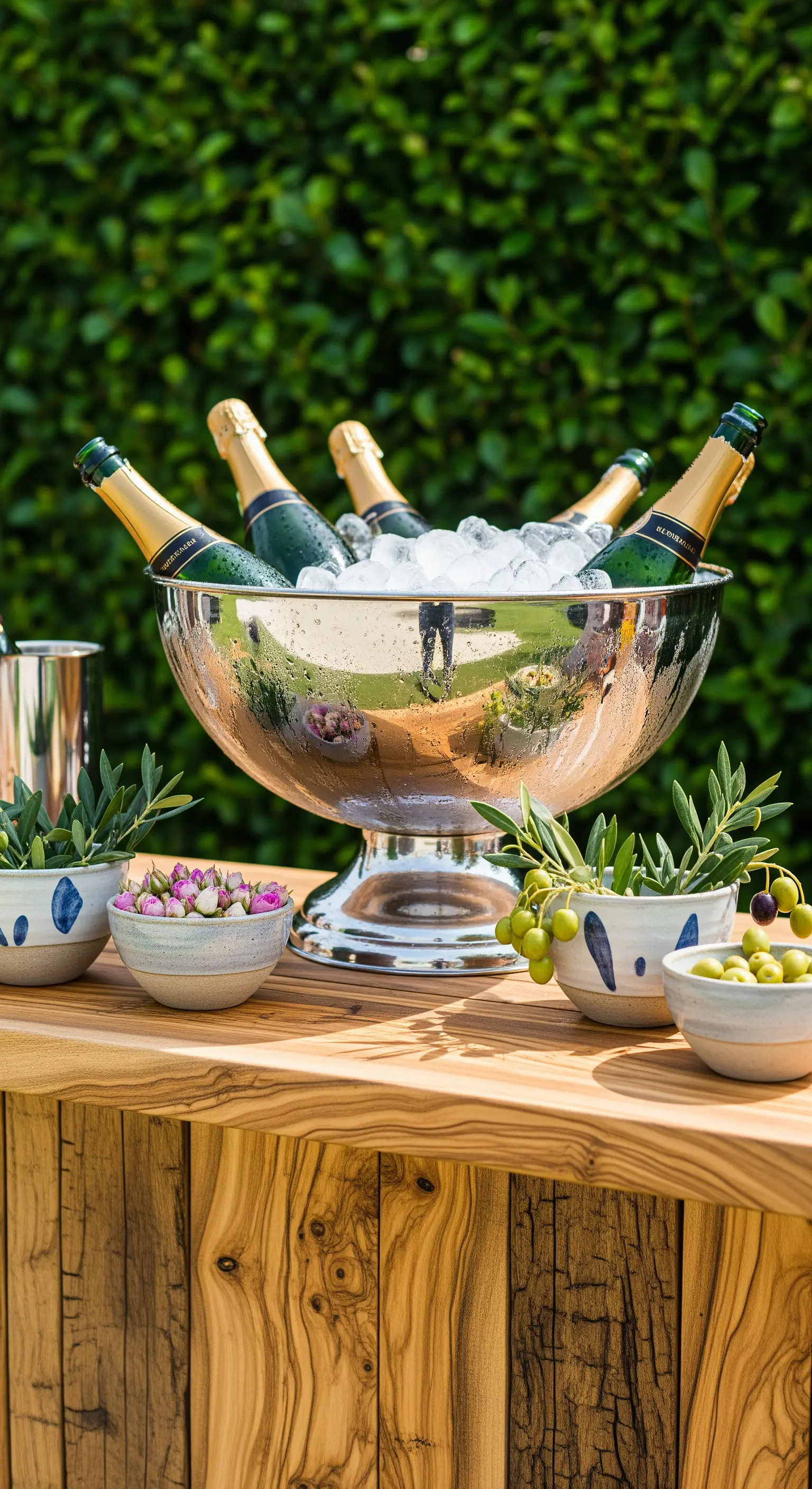 Outdoor-Bar mit Olivenholztheke, Champagnerkühler und Schalen mit Oliven und Rosenknospen