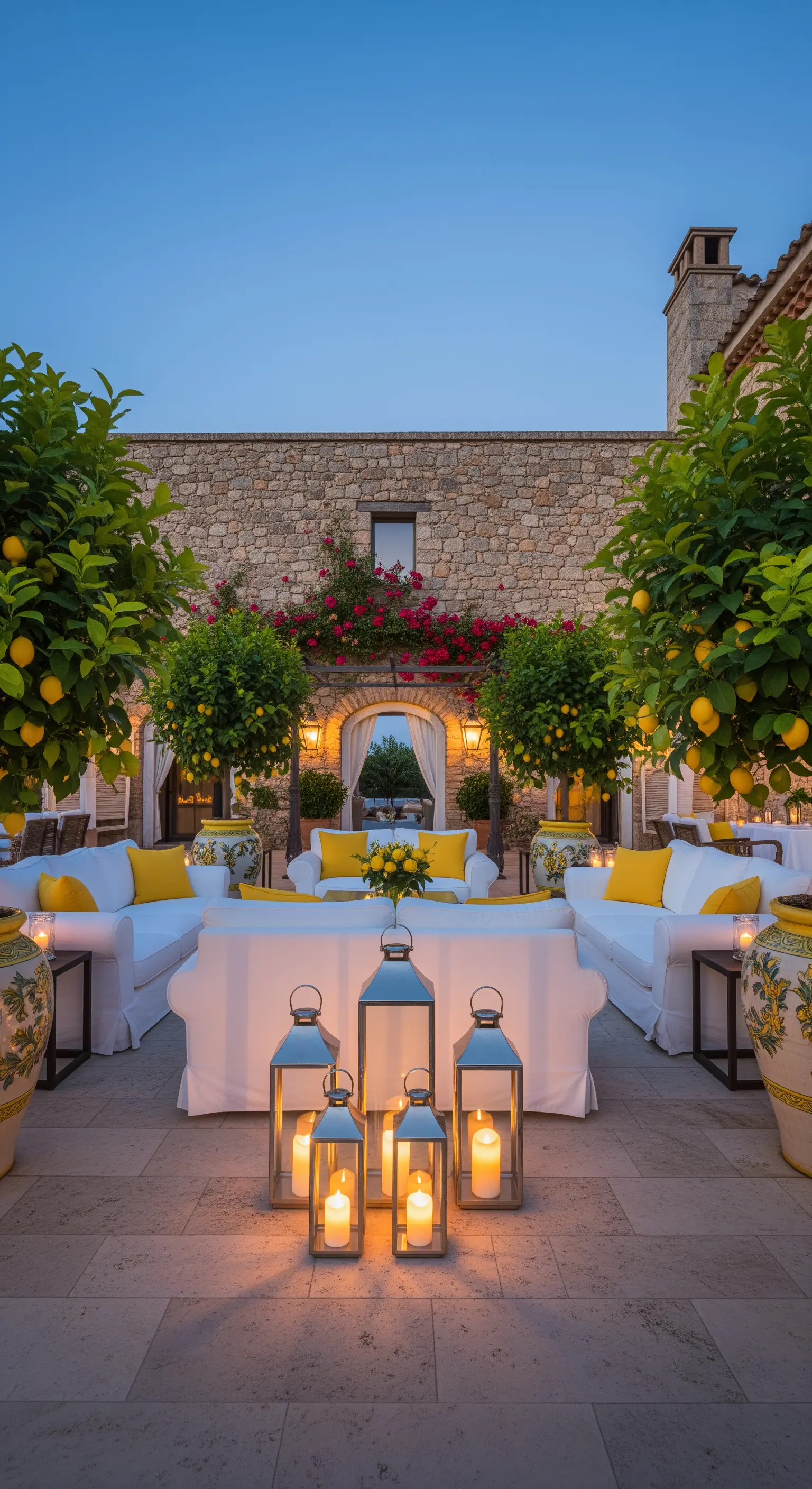 Elegante Outdoor-Lounge mit weißen Sofas, gelben Kissen und großen Laternen