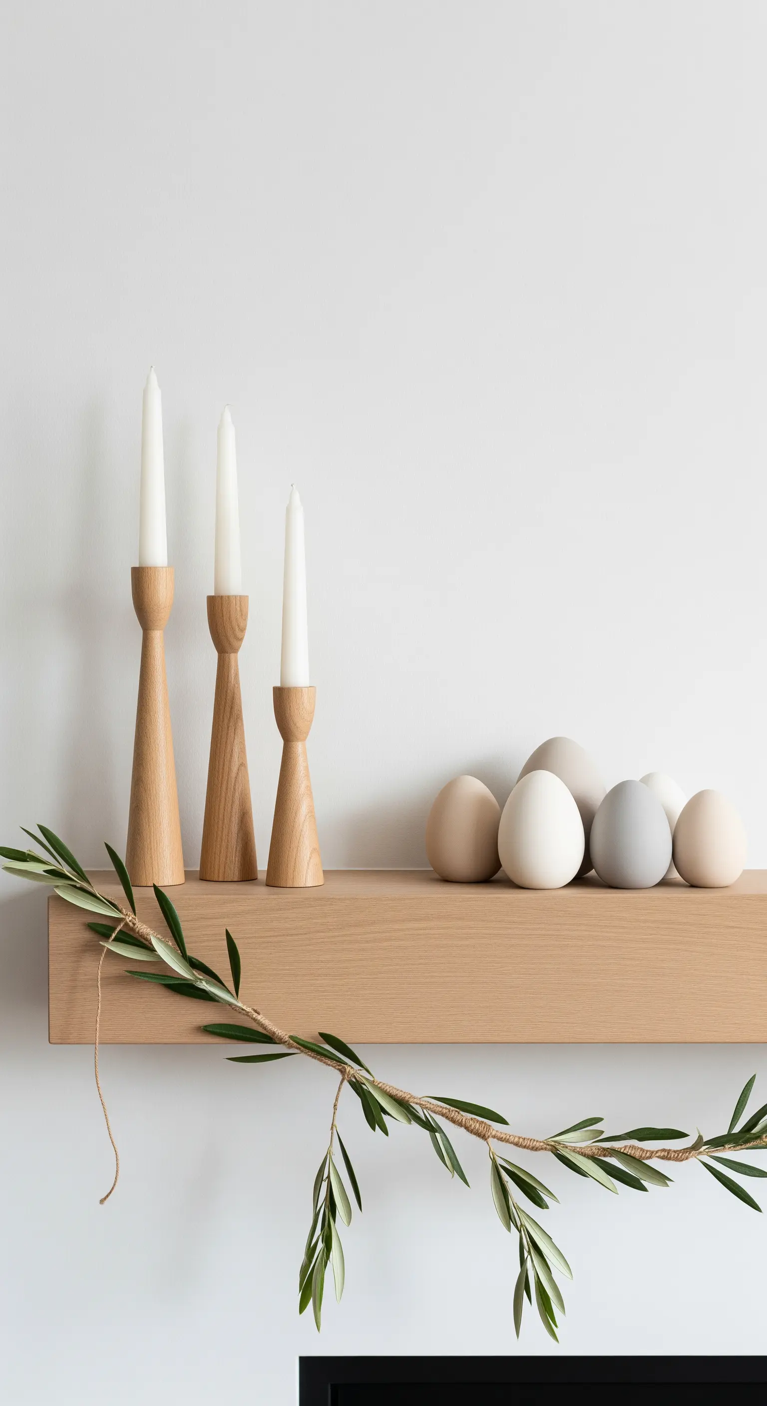 Regal mit Holzkerzenständern, Naturtönen-Eiern und Olivenzweig-Girlande
