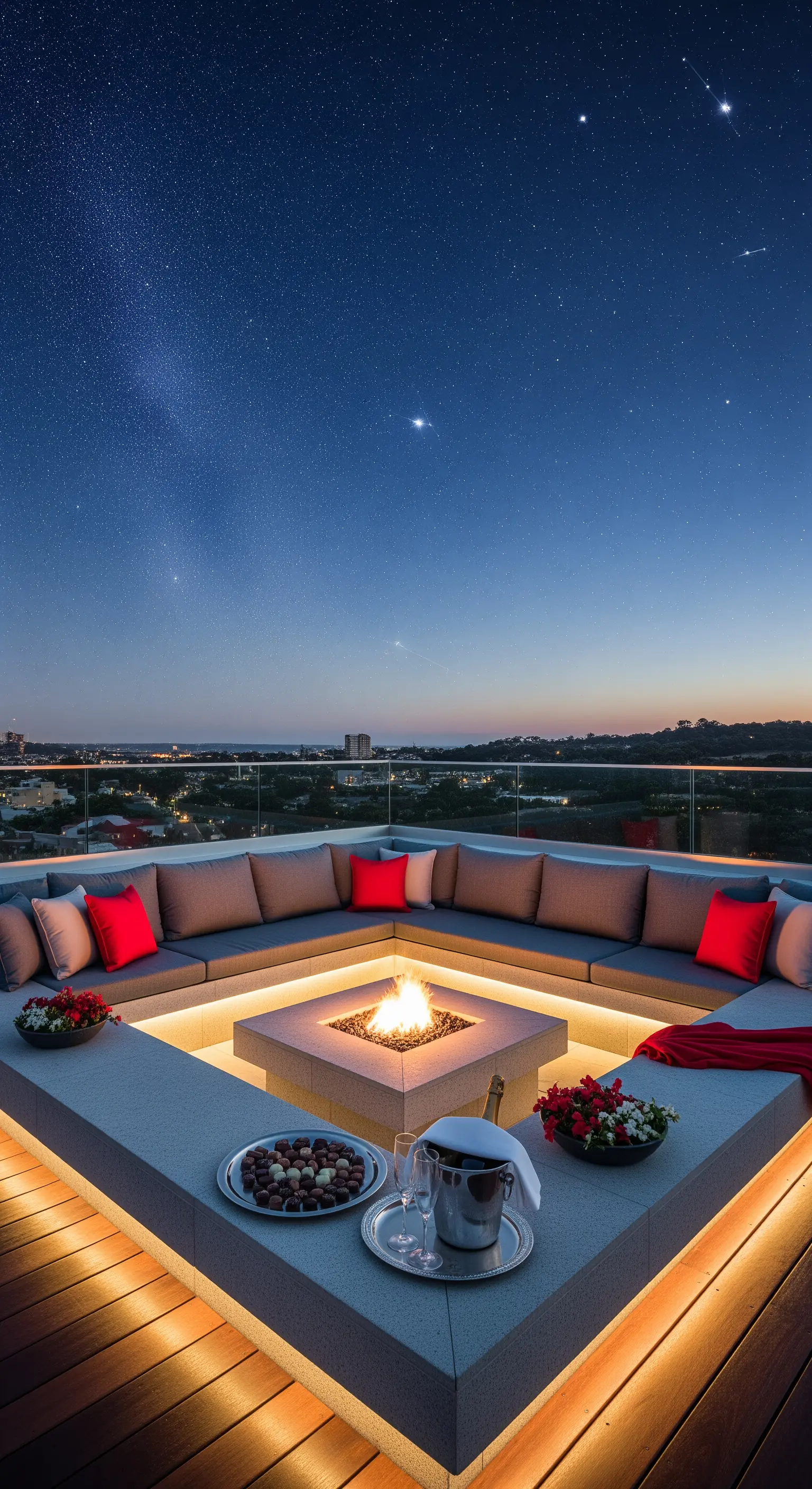 Rooftop-Lounge mit Feuergrube, LED-Beleuchtung, roten Kissen und Skyline.