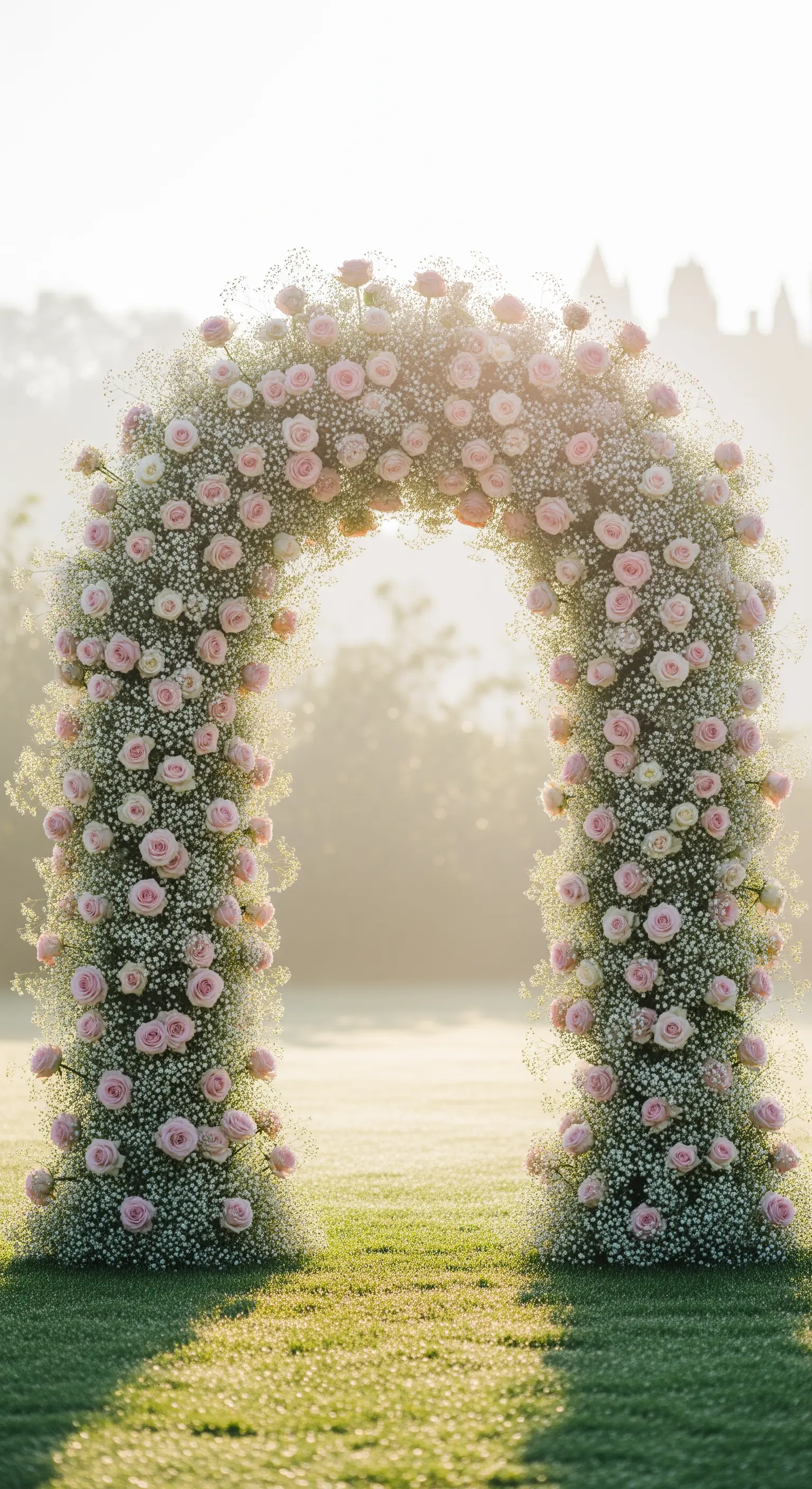 Schleierkraut-Bogen, rosa Rosen, Hochzeit, zarte Gartendeko