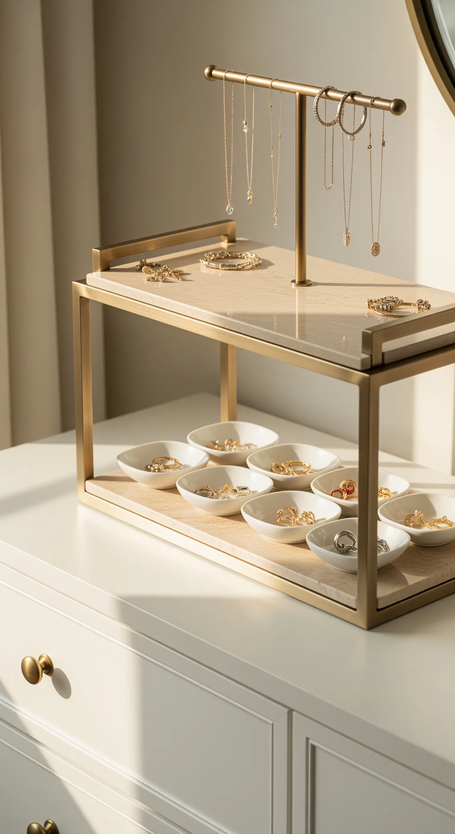 Moderne Etagere aus Marmor und Gold zur Schmuckaufbewahrung auf einer weißen Kommode.