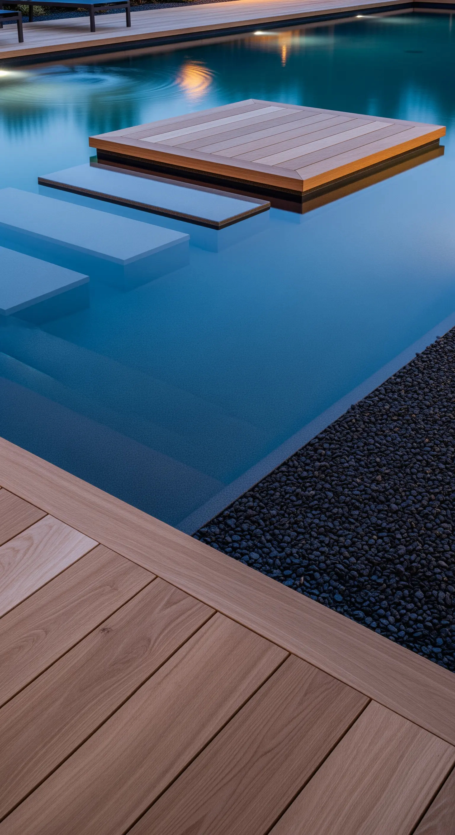 Schwimmende Stufen und Plattform im dunklen Pool, umgeben von Holzdeck und Kies