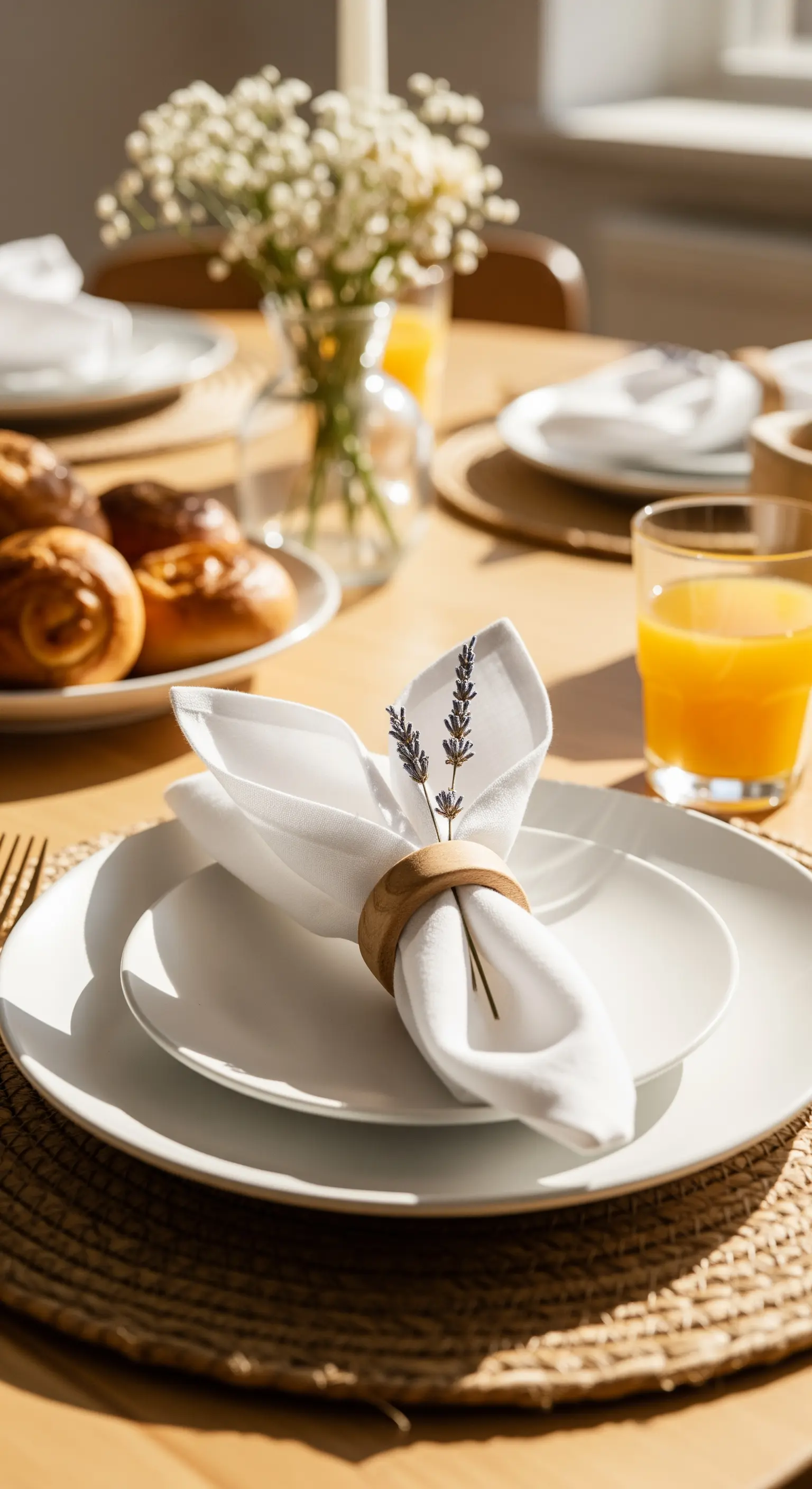 Elegant gefaltete Serviette mit Holzring und Lavendelzweig auf Rattan-Platzset