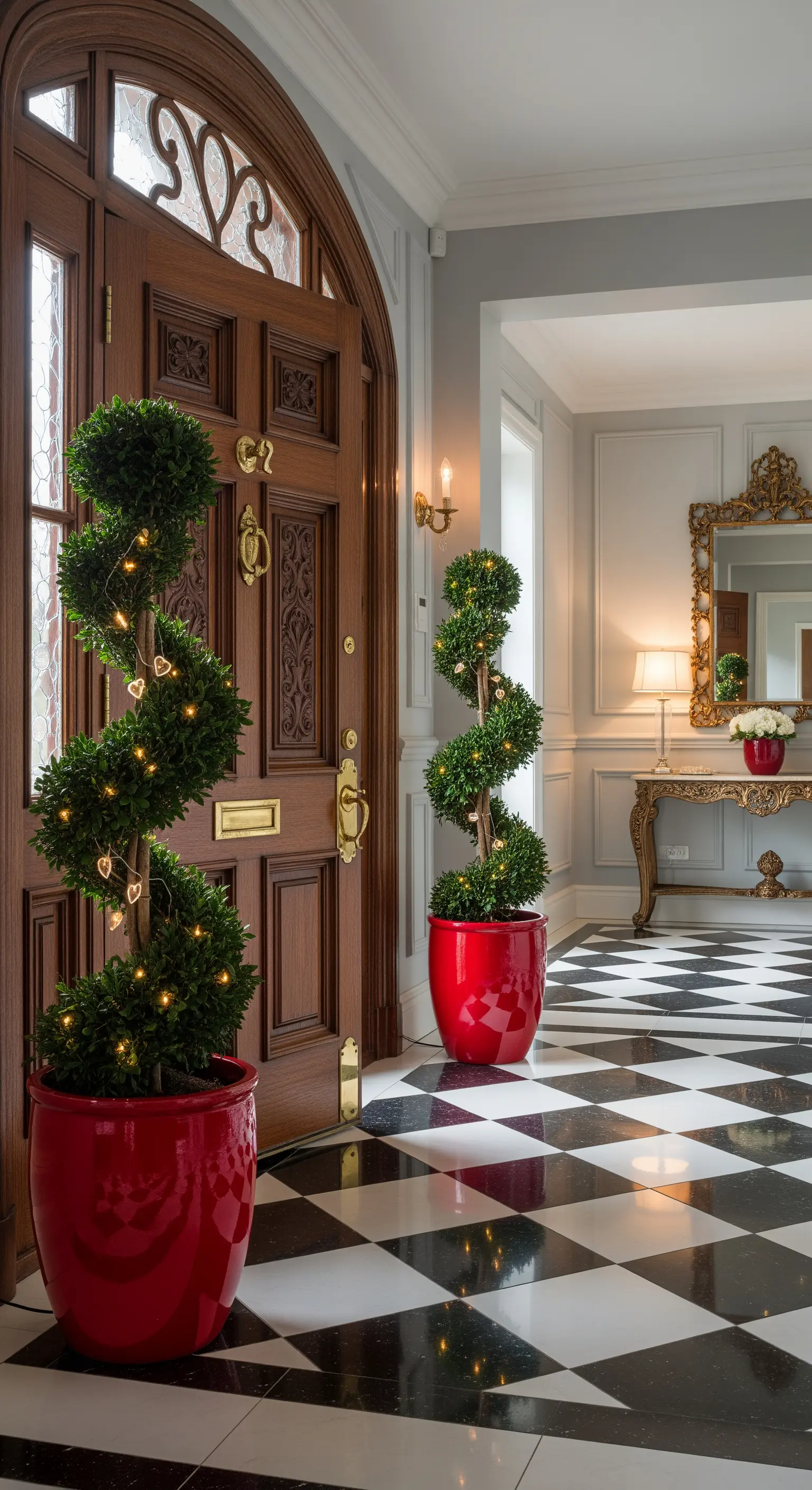 Eingang mit Schachbrettboden, Holztür und beleuchteten Spiraltopiaris.