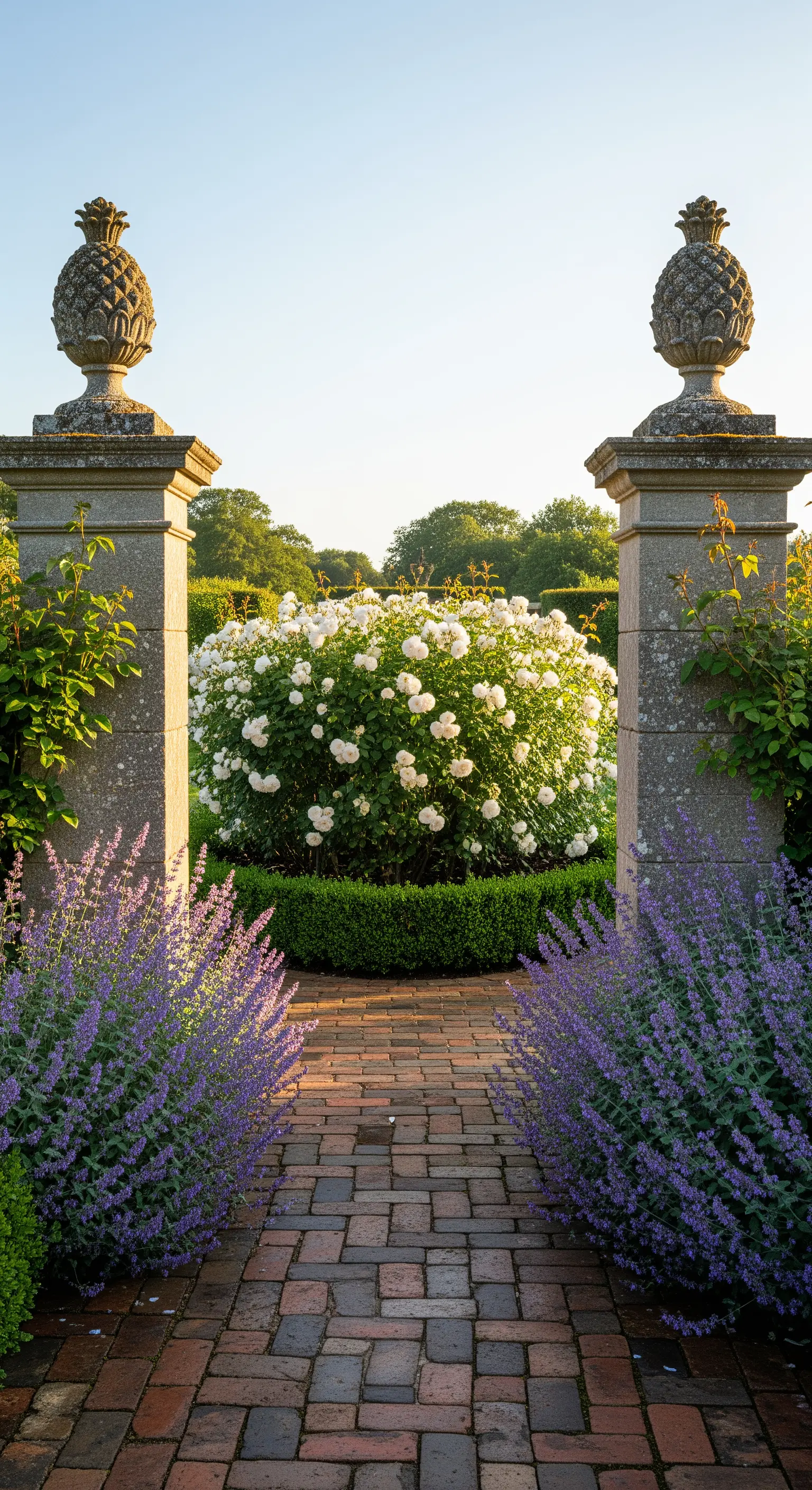 Steinsäulen mit Rosenbusch und Lavendel am Garteneingang