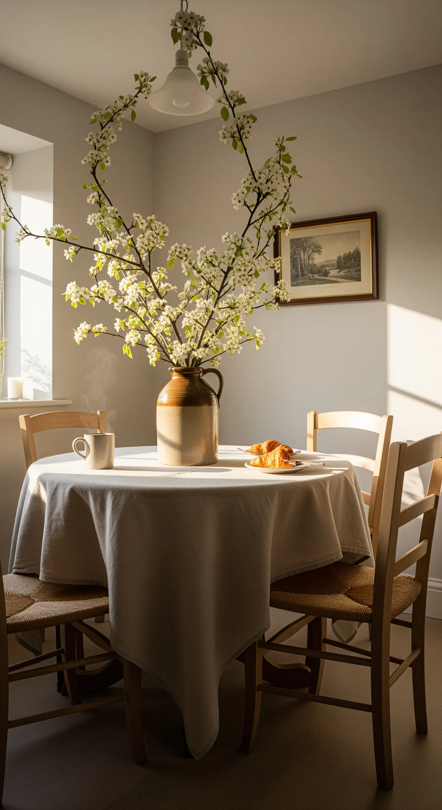 Esstisch mit Steinkrug voller blühender Obstbaumzweige