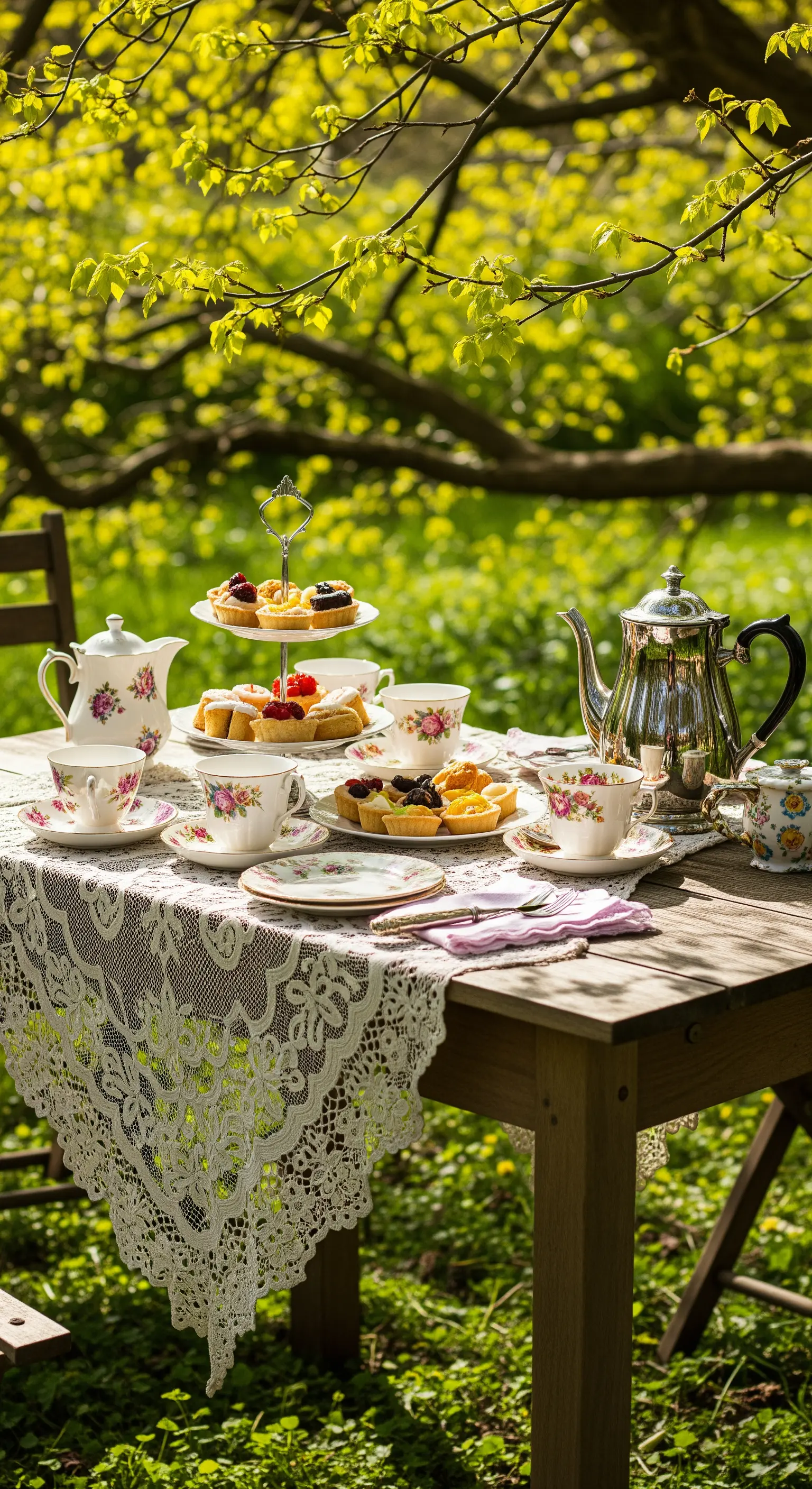Gartentisch mit Spitzentischdecke, floralem Geschirr und Gebäck unter einem Baum