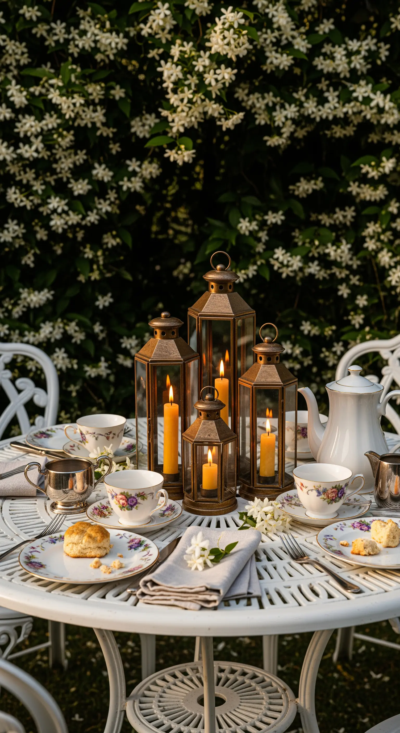 Gartentisch mit Messinglaternen, Teegeschirr und Gebäck.