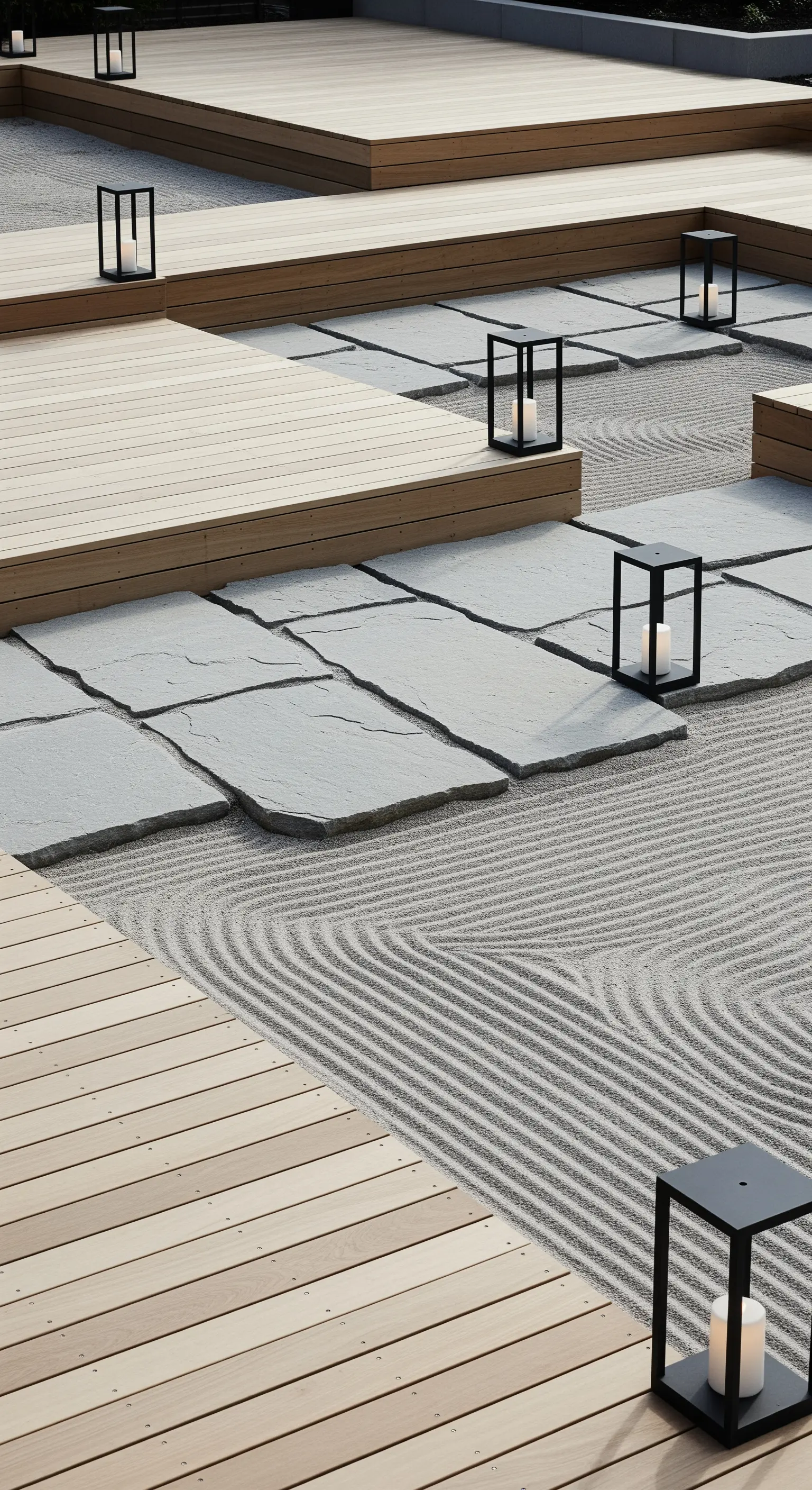 Mehrstufige Japandi Terrasse mit Holz, Stein, Sand und Laternen