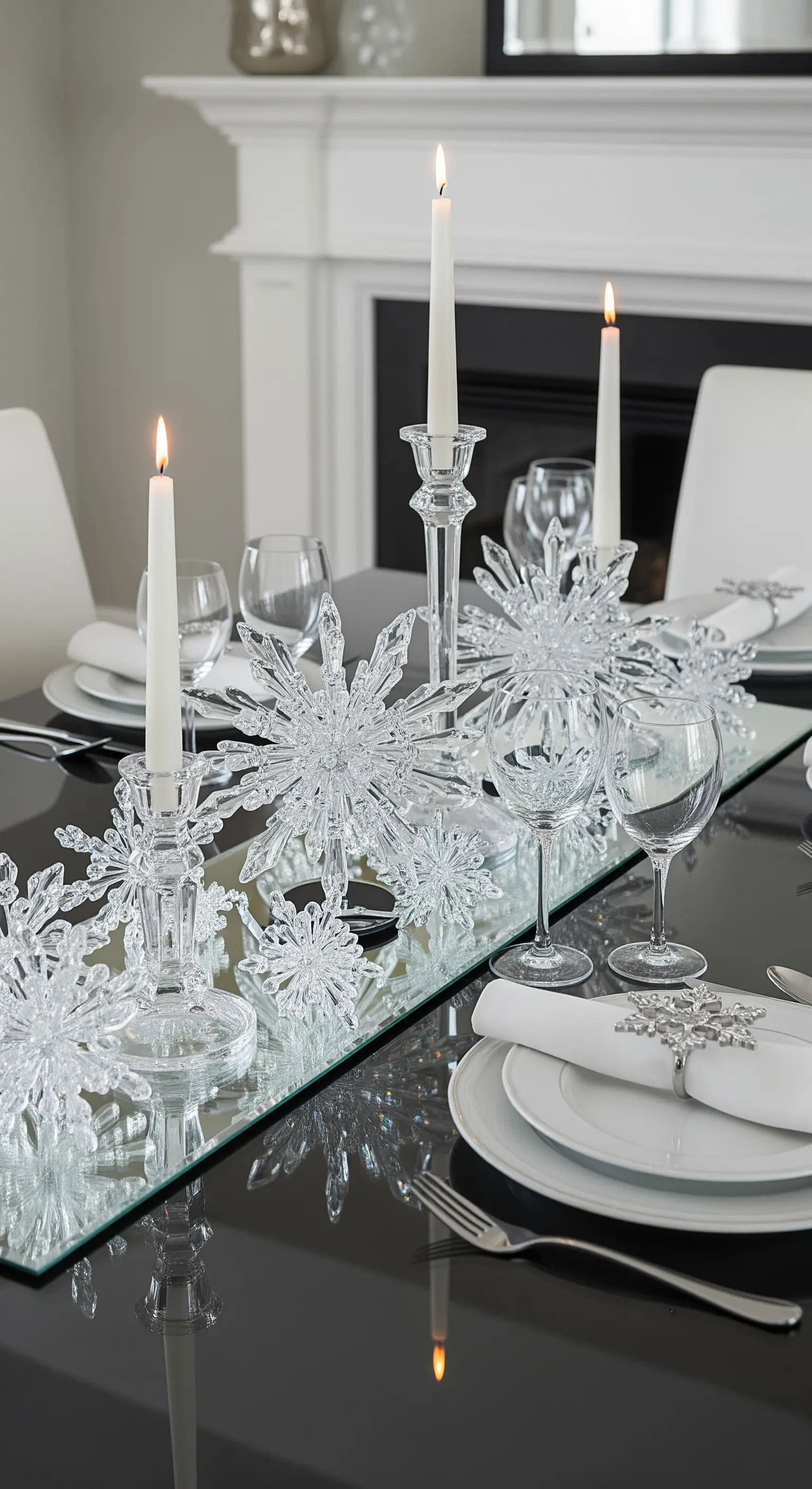 Festliche Tischdekoration mit Glas-Schneeflocken, hohen Kerzen und Spiegel-Elementen