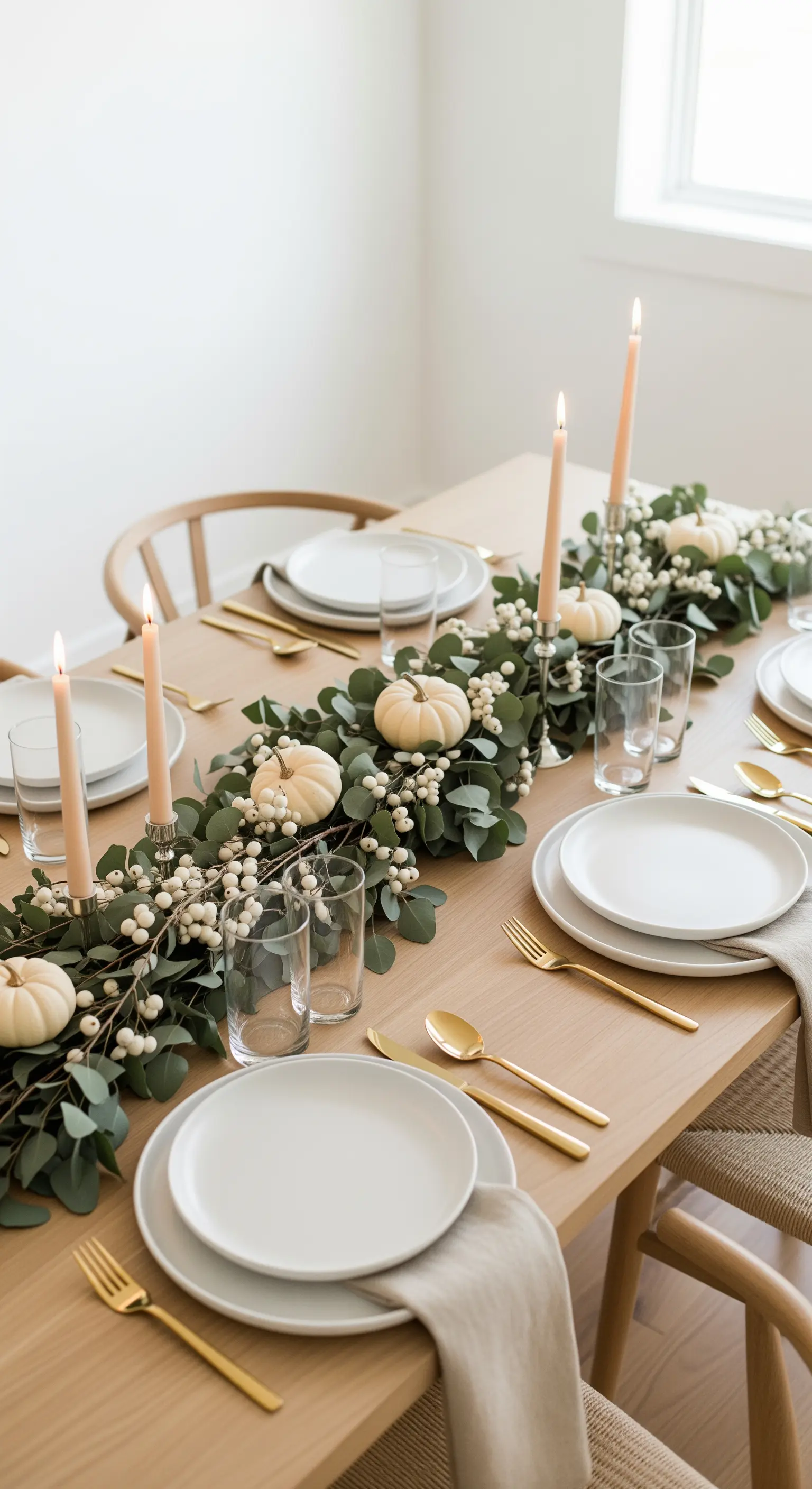 Festlich gedeckter Tisch mit Eukalyptus-Girlande, weißen Kürbissen und goldenem Besteck.