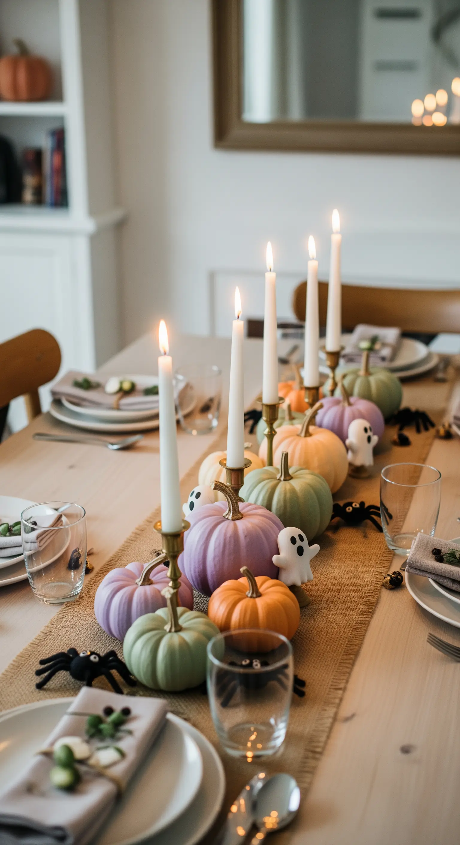 Festlich gedeckter Esstisch mit einem Jute-Tischläufer und Kürbissen in Pastellfarben.