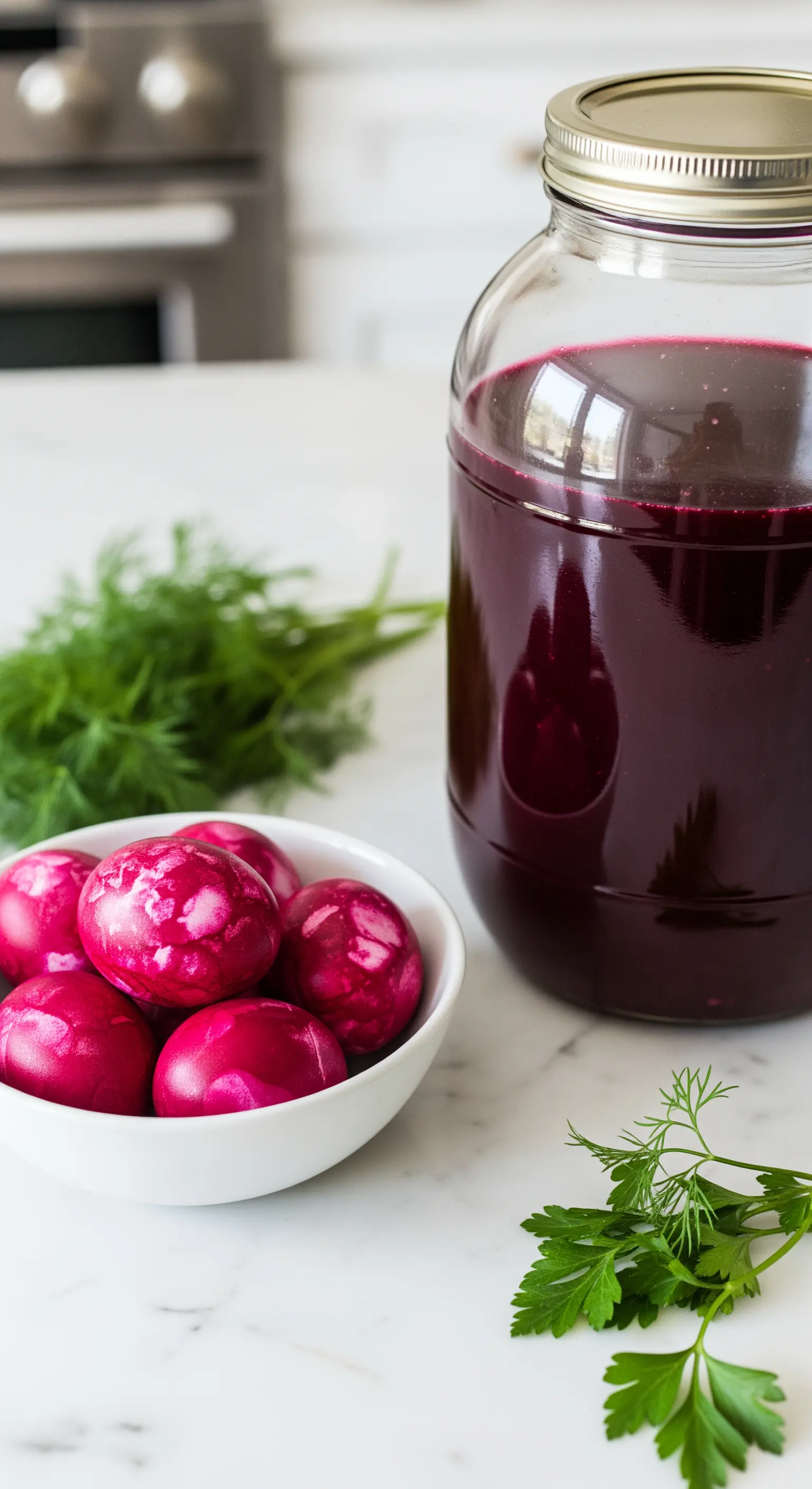 Treppe mit bemalten Kieselsteinen und Efeu-Girlande am Geländer
