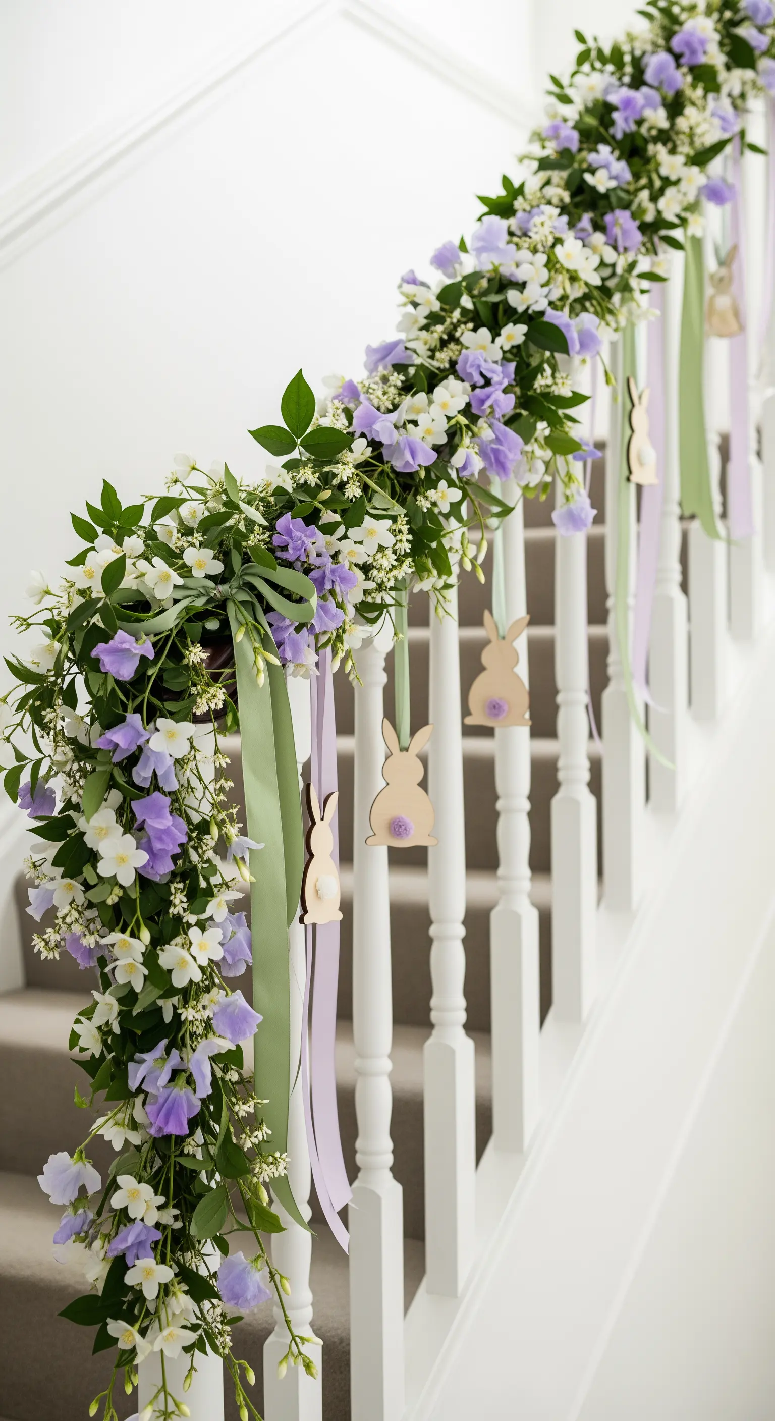 Blumengirlande an der Treppe mit Osterhasen und Bändern