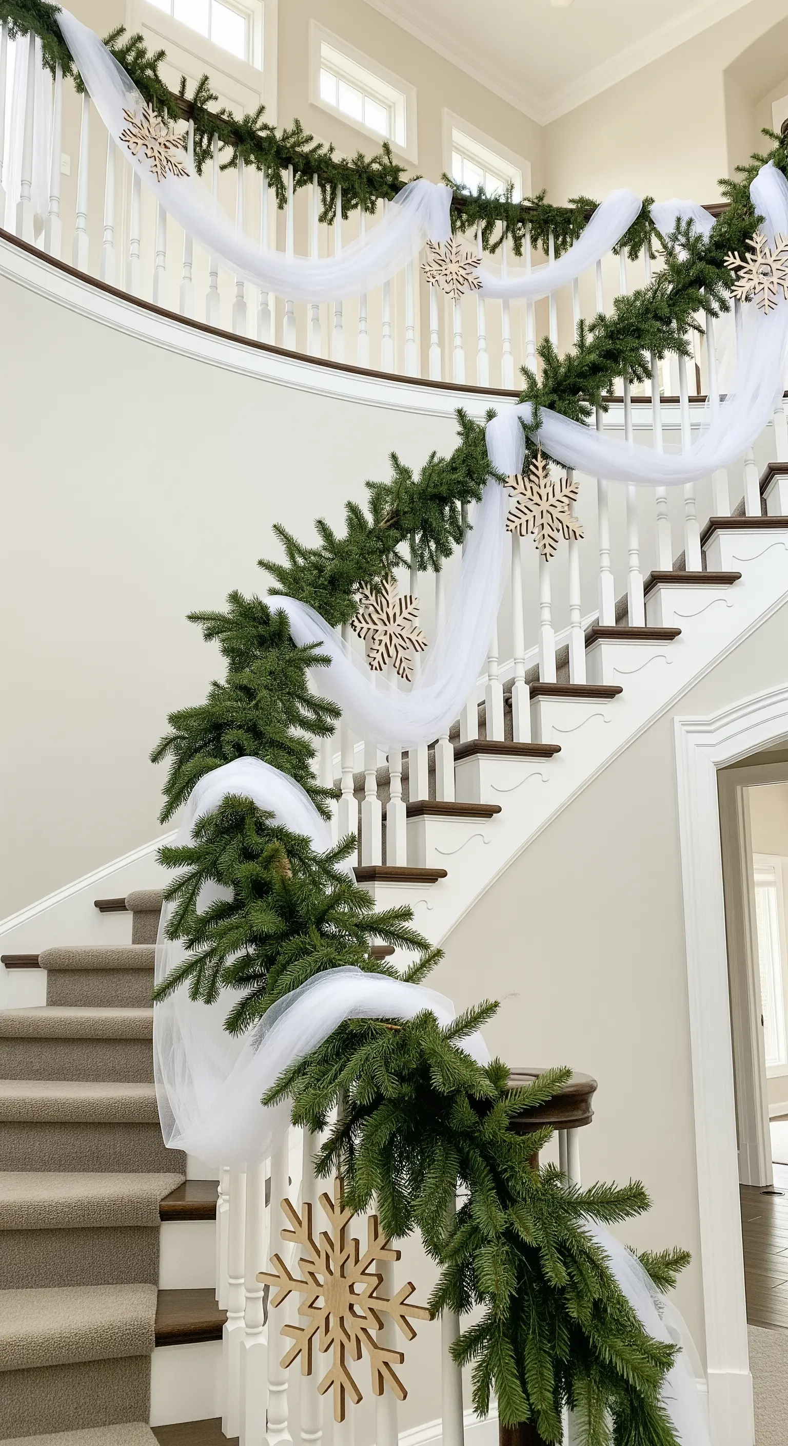Treppe dekoriert mit Tannengirlande, weißem Stoff und Holz-Schneeflocken