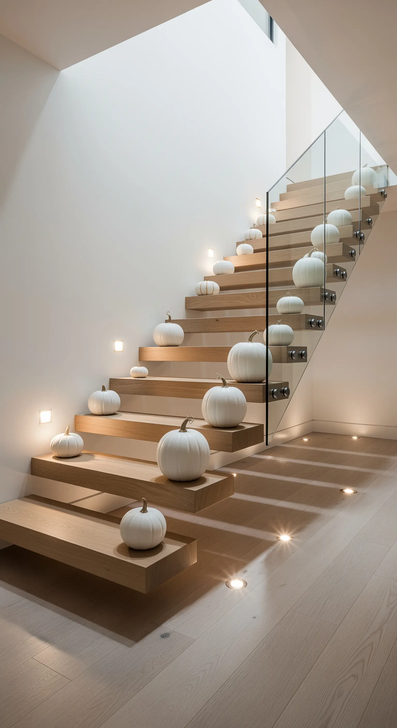 Holztreppe mit weißen Kürbissen und integrierter Beleuchtung