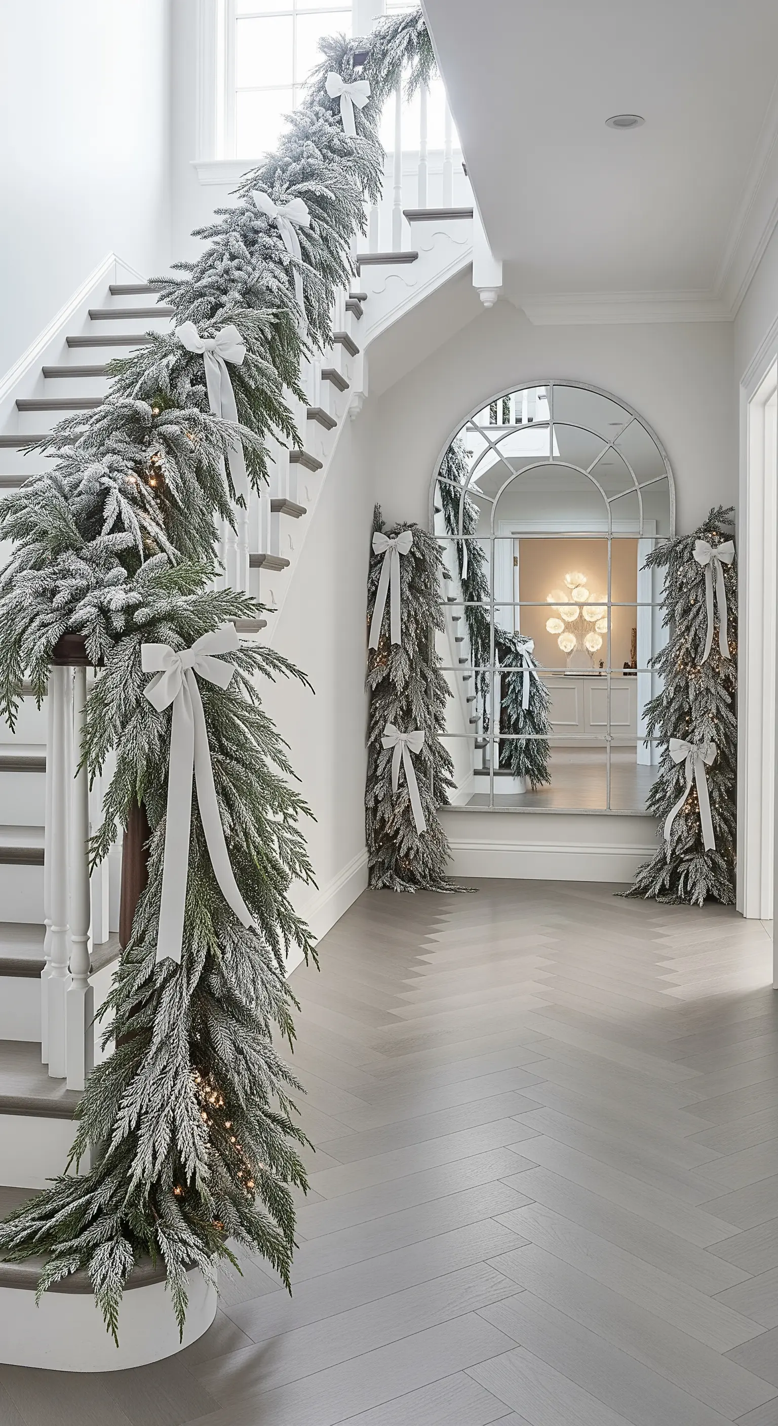 Beflockte Treppengirlande mit weißen Bändern und Spiegeln.