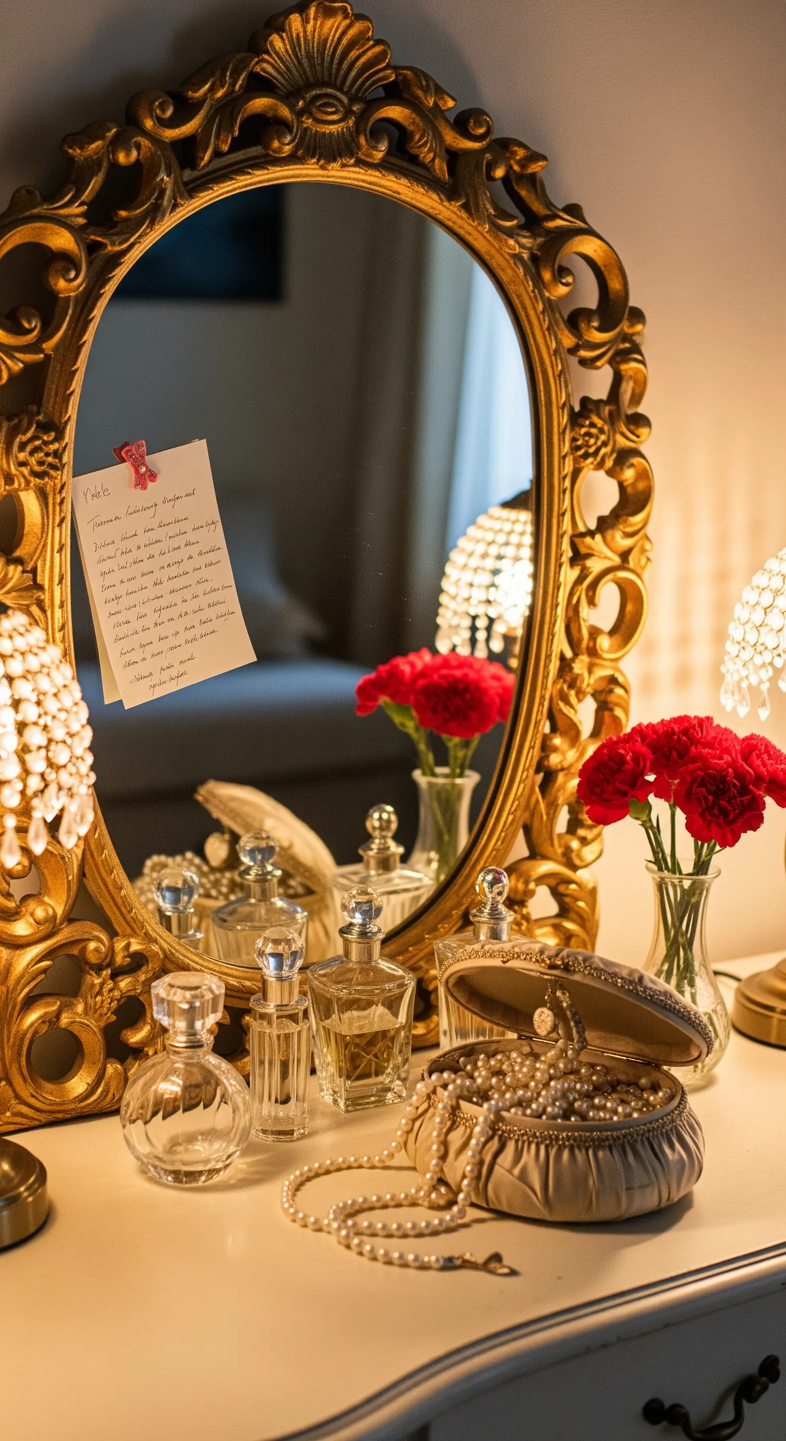 Vintage Schminkecke, Goldspiegel, Perlen, Parfumflakons, Liebesnotiz, rote Nelken
