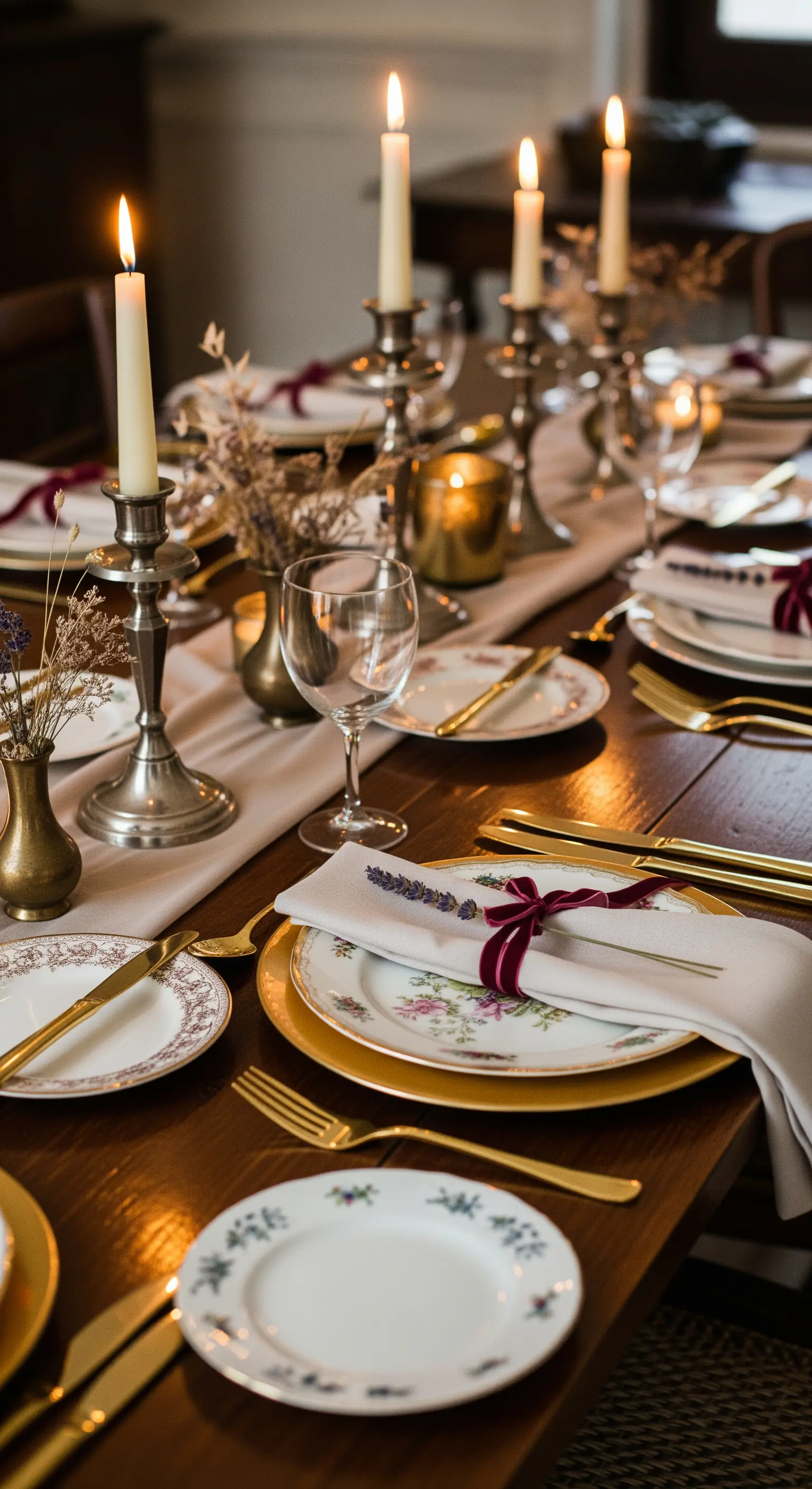 Vintage-inspirierte Tischdekoration mit Goldbesteck, gemusterten Tellern und Kerzenständern.