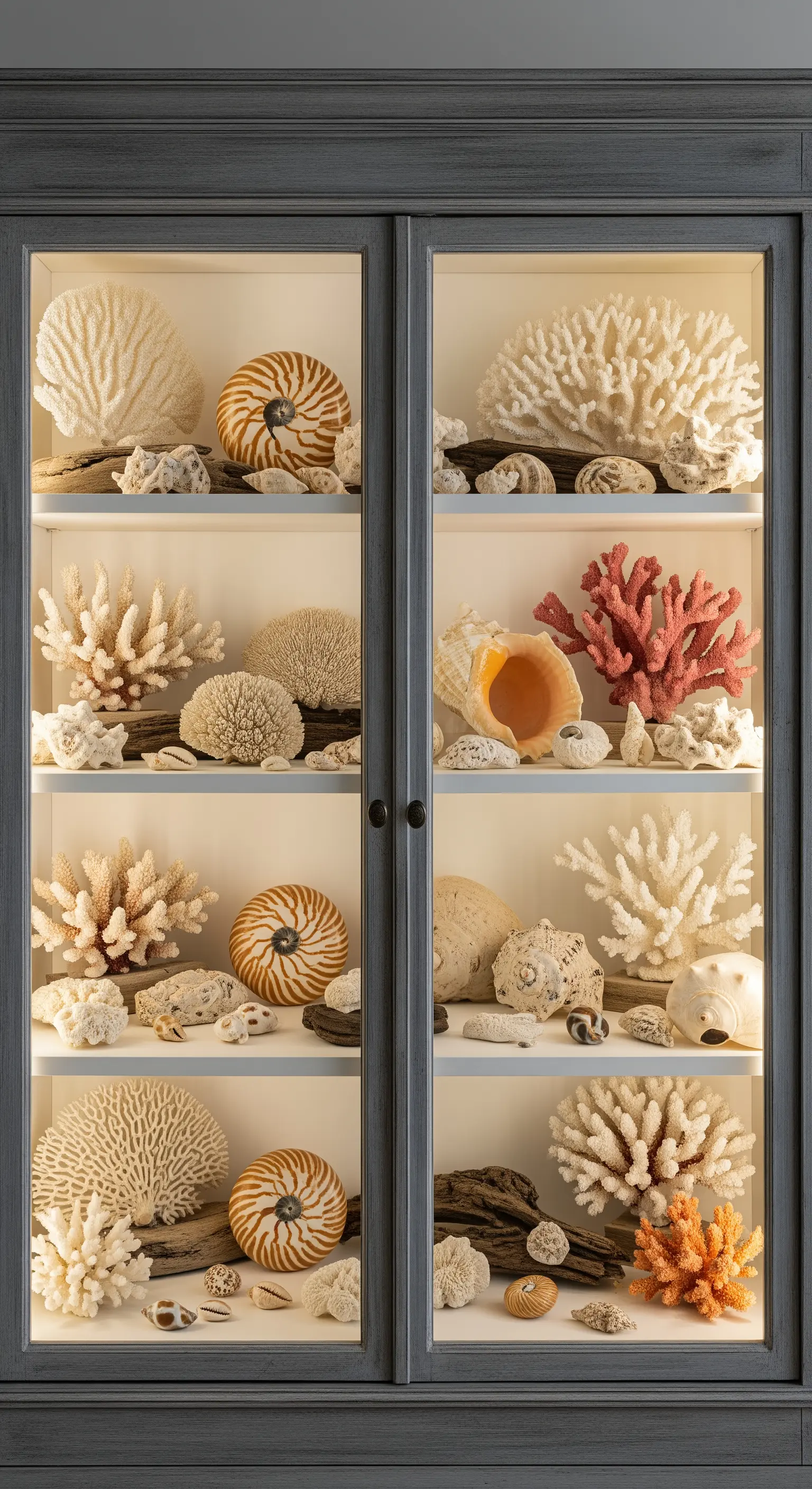 Beleuchtete Vitrine mit Korallen, Nautilus-Muscheln und Treibholz