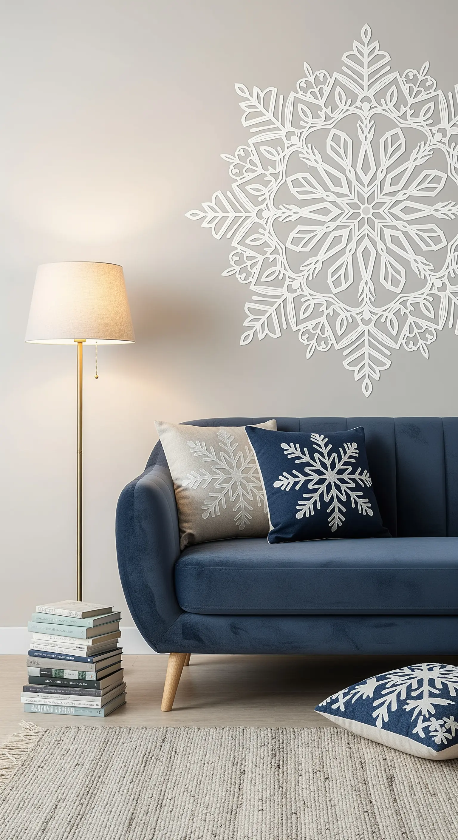 Wand mit großem Schneeflocken-Relief und Sofa mit passenden Kissen