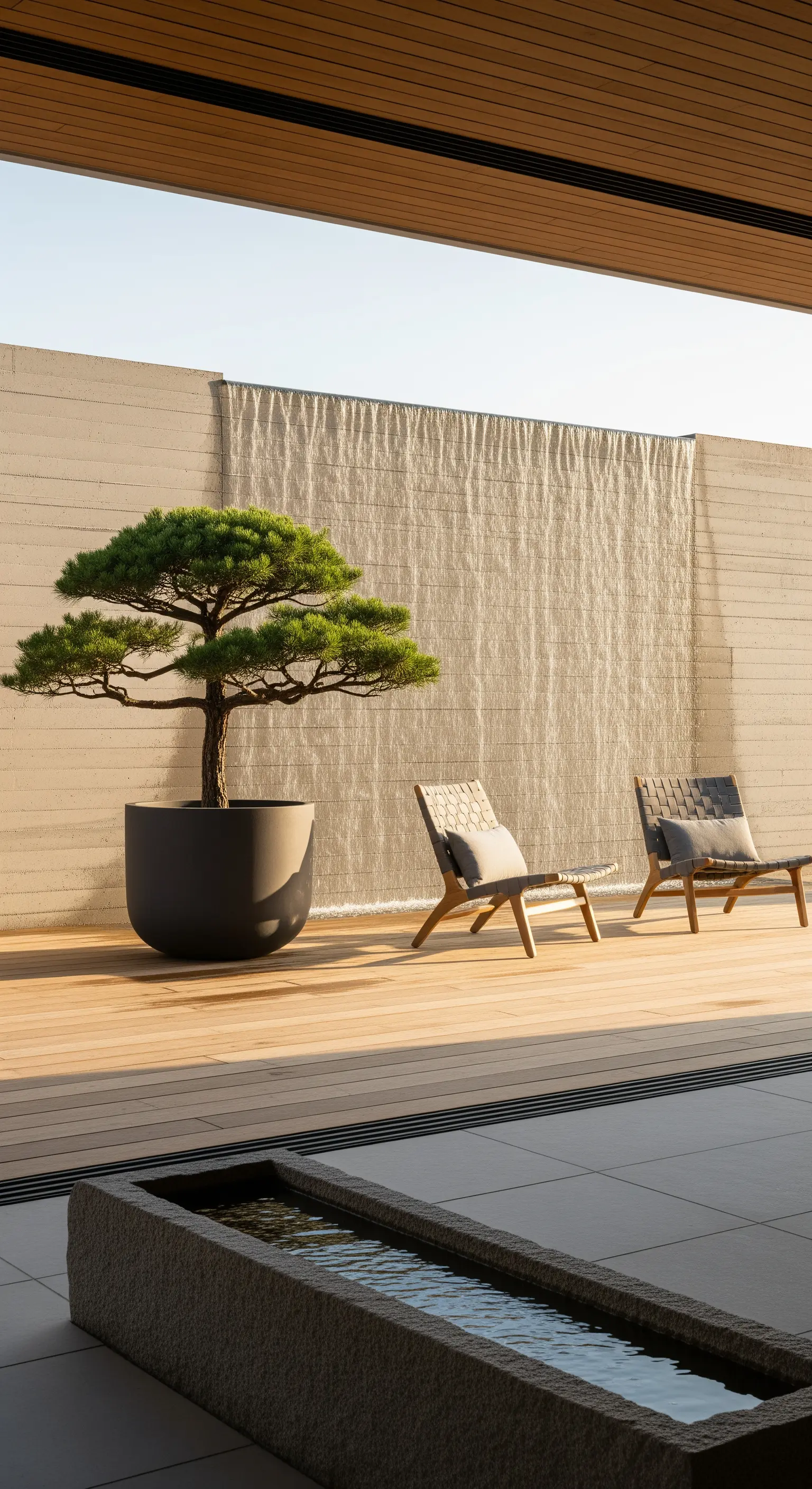 Terrasse mit Wasserwand, Bonsai-Baum und Holzdeck
