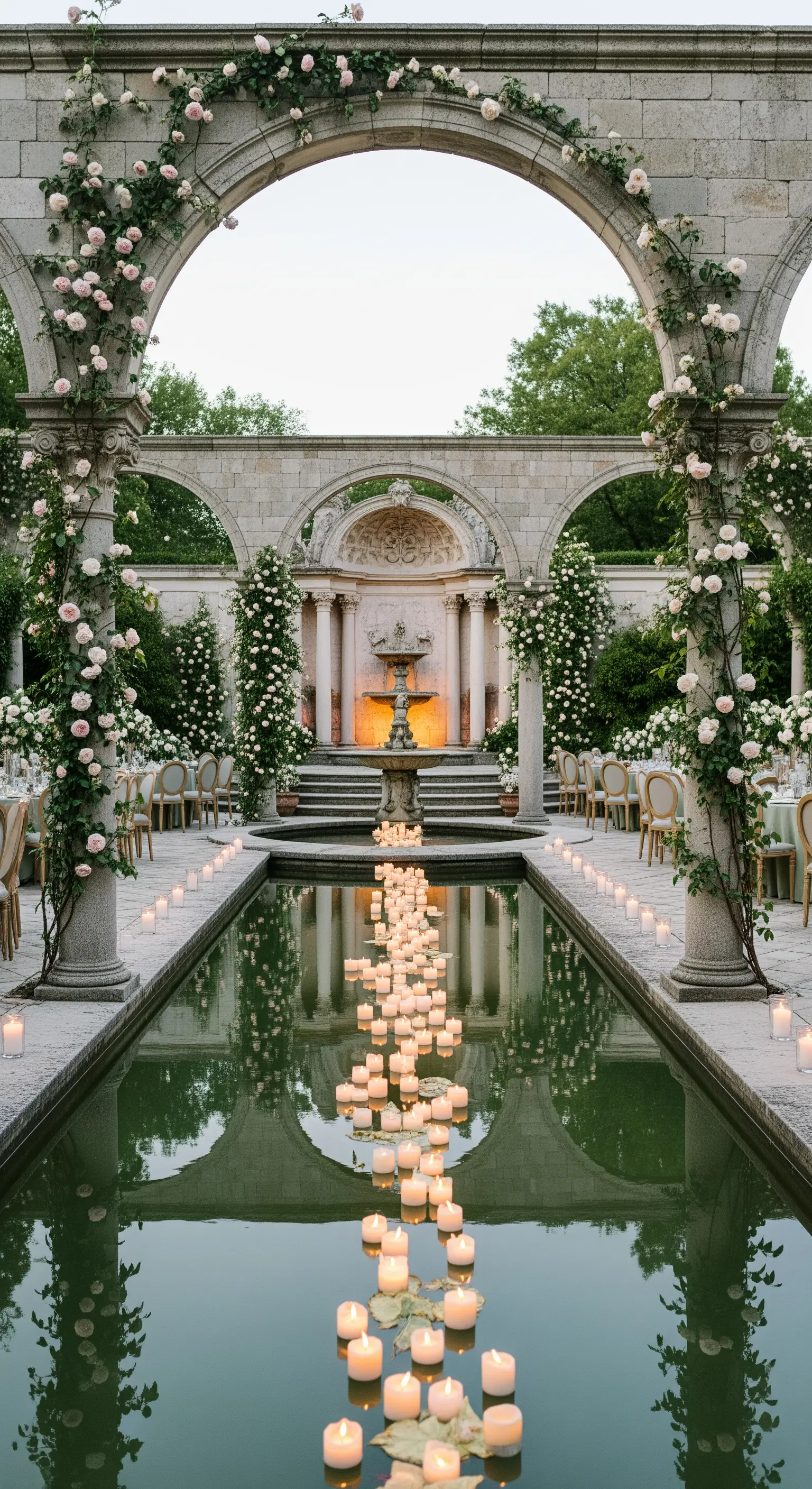 Langes Wasserbecken mit schwimmenden Kerzen, umgeben von Rosenbögen und einem Brunnen