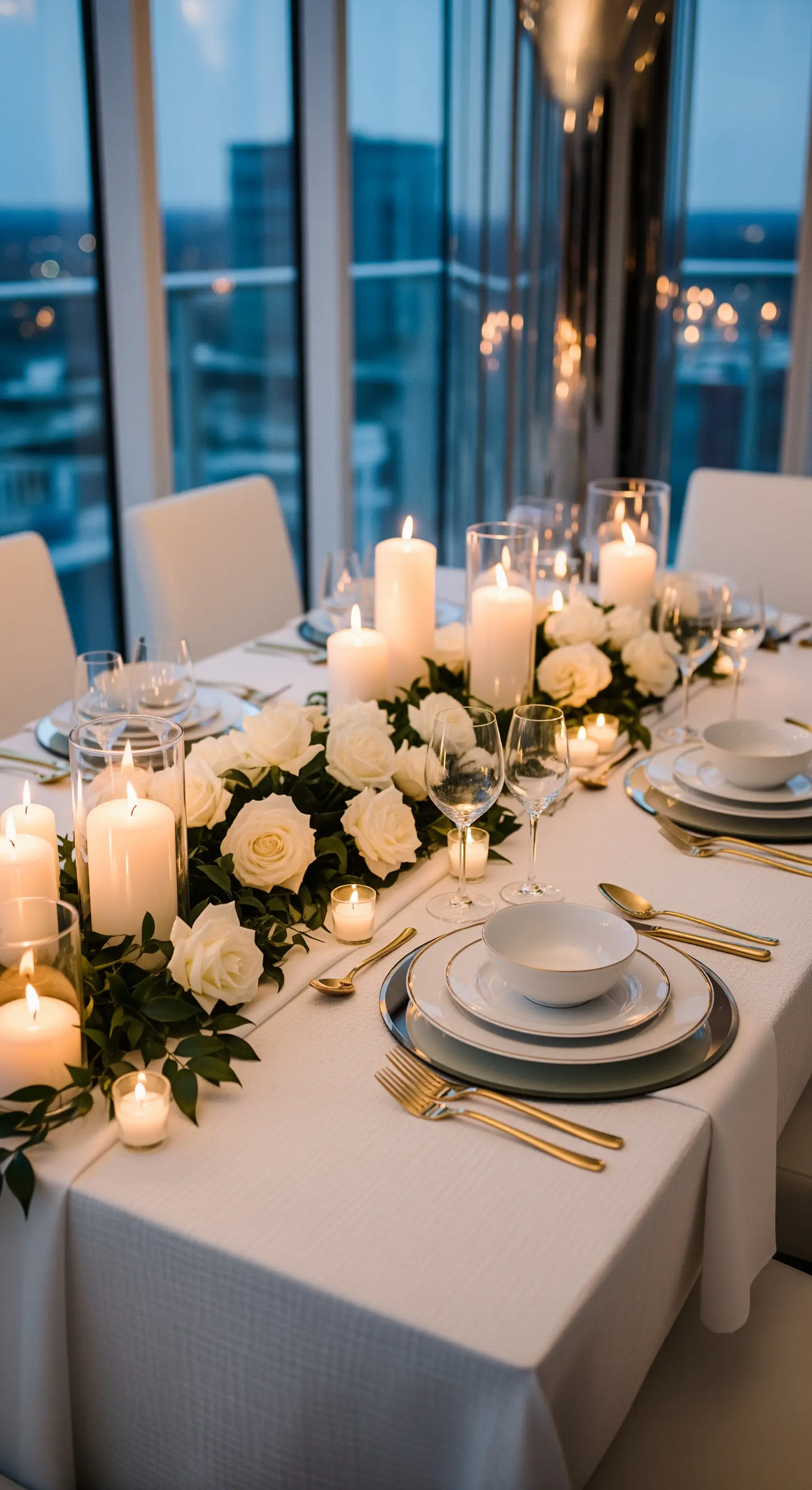 Elegante Tischdekoration in Weiß und Grün mit weißen Rosen, Kerzen und Goldakzenten